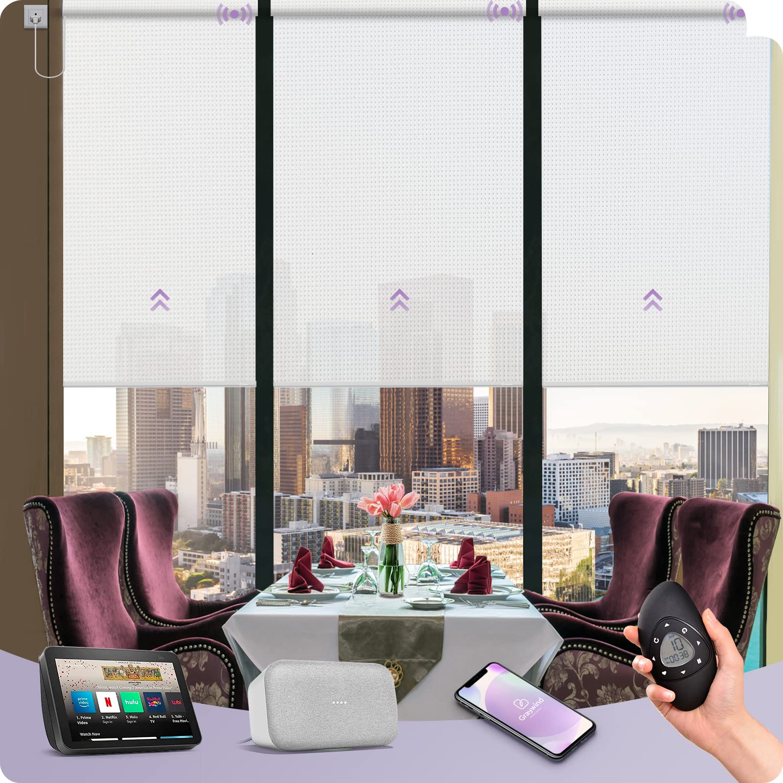 Graywind Motorized Solar Shades - Alexa & Google Home Compatible, Hardwired WiFi Smart Light Filtering Blinds with Remote Control, Electric Window Shades for Home Automation, Custom Size (5% Openness White) - Perfect for Living Rooms, Bedrooms & Home Offices