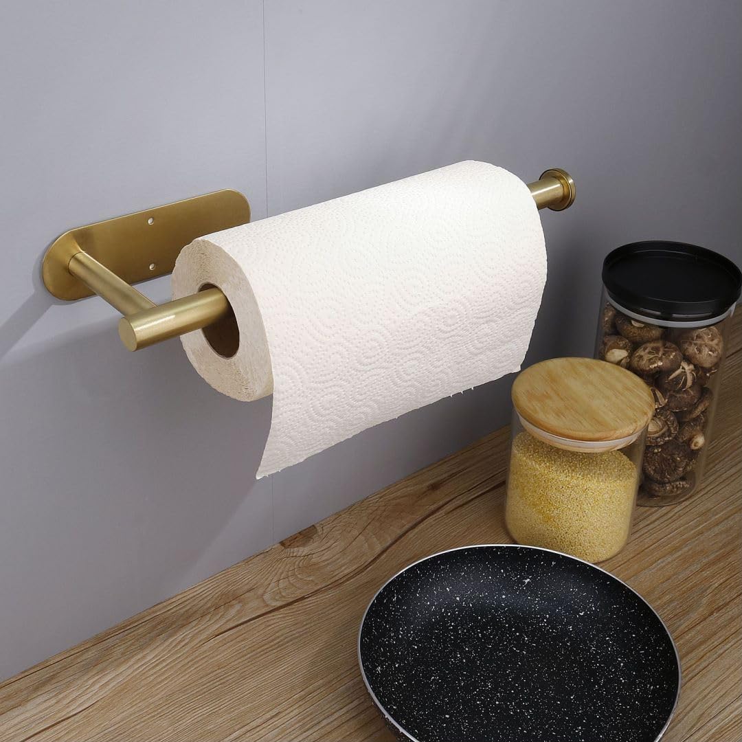 13 Inch Gold Adhesive Paper Towel Holder - Under Cabinet & Wall Mount Kitchen Towel Organizer for Home, Office, or RV Use