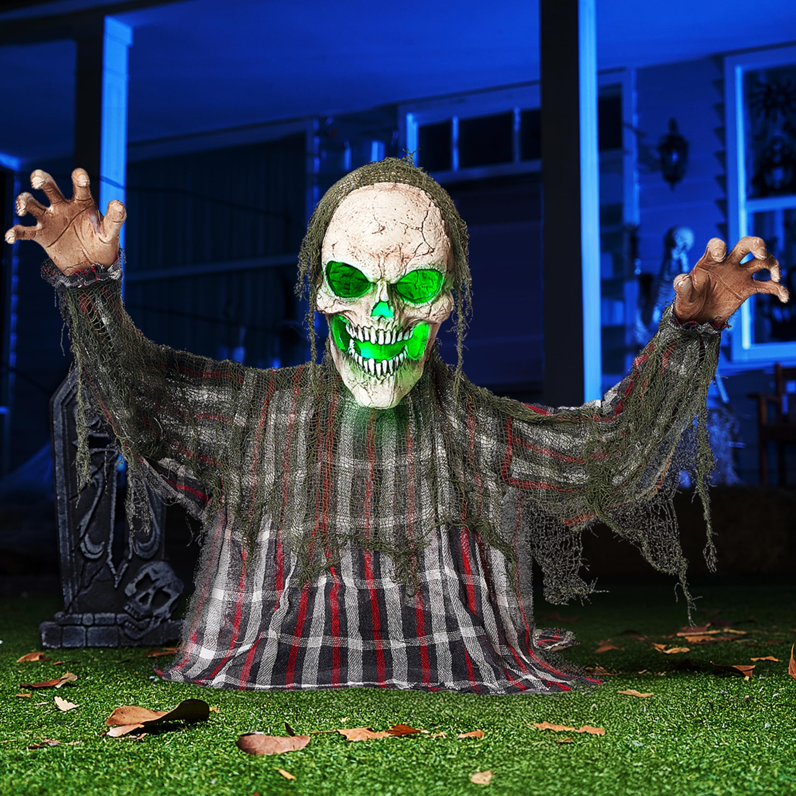 JOYIN 25'' Animated Zombie Groundbreaker Halloween Decor - Moving Arms & Green Light, Outdoor Graveyard & Haunted House Yard Decoration for Spooky Halloween Party, Trick-or-Treat, and Lawn Display