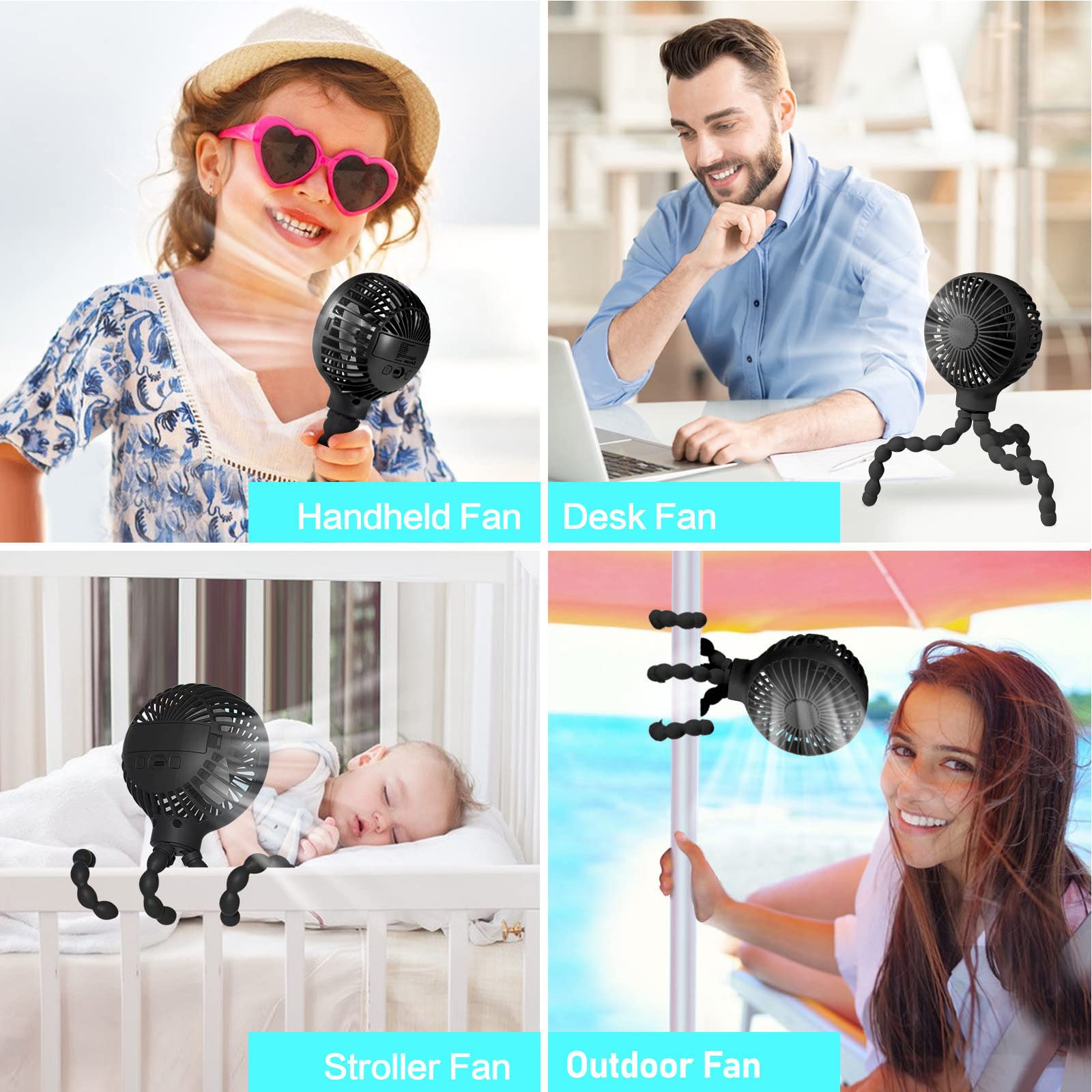 Upgraded Stroller Fan - Mini USB Rechargeable Battery Operated Fan with Flexible Tripod & 3 Speed Settings - Portable Clip On Fan for Baby Stroller, Car Seat, Crib, Treadmill, Office Desk - Perfect for Travel, Nursery, Gym & Home Use (Black)