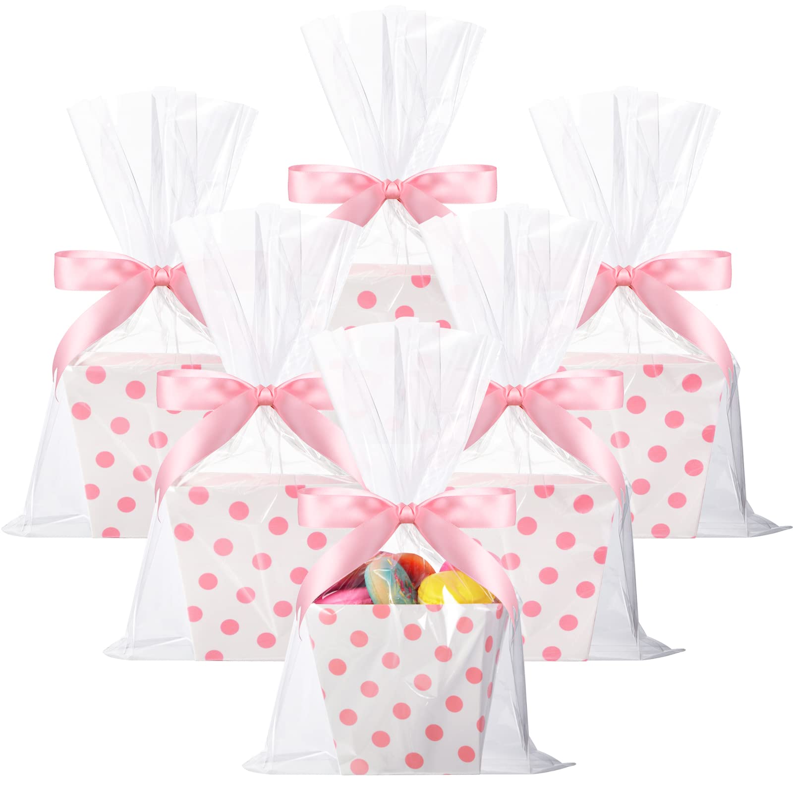 24 Pcs Pink Dot Treat Boxes with Open-Top Design - Popcorn & Candy Favor Containers for Parties, Includes 24 Clear Gift Bags + 1 Roll Ribbon - Perfect for Birthday, Wedding, Baby Shower & Carnival Events - Great for Party Favors, Candy Buffets & Gift Packaging