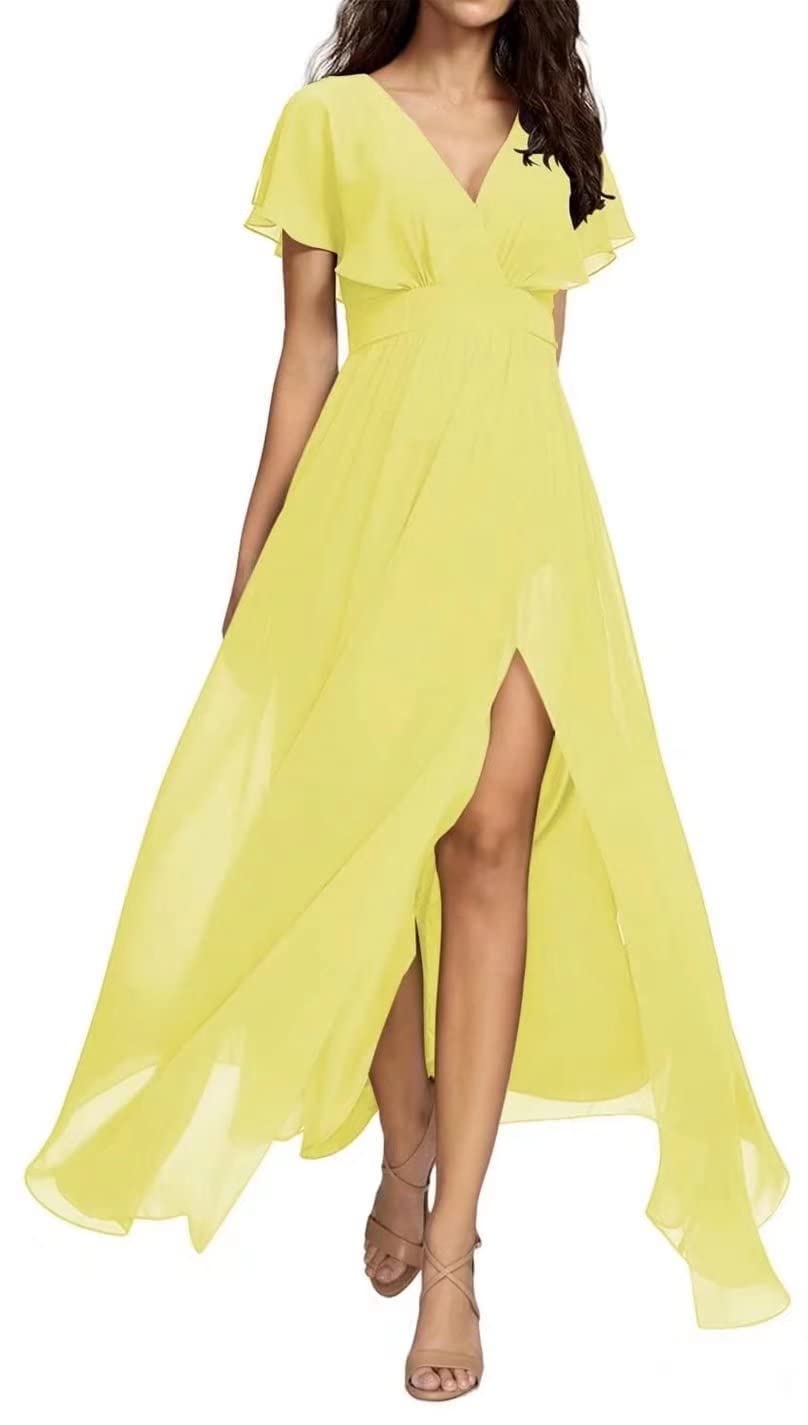 Elegant Yadressy Bridesmaid Dresses with High Slit & Ruffle Sleeves - Flowy Chiffon Maxi Dress for Women's Formal Events, Evening Parties & Weddings | Perfect for Prom, Cocktail Parties & Special Occasions