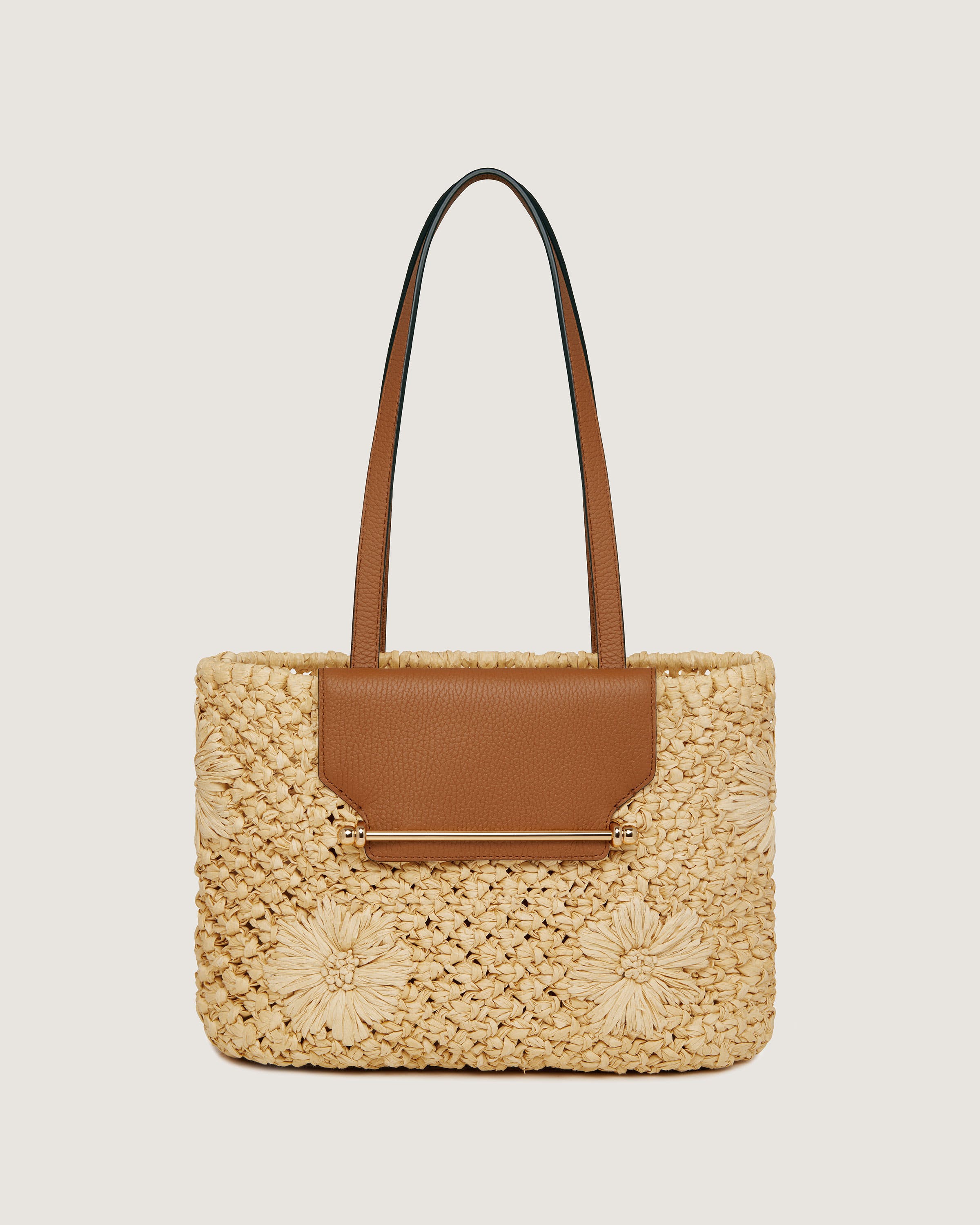 Strathberry Small Basket - Floral Paper Raffia & Tan Handbag for Women | Perfect for Beach, Picnic, and Summer Outings