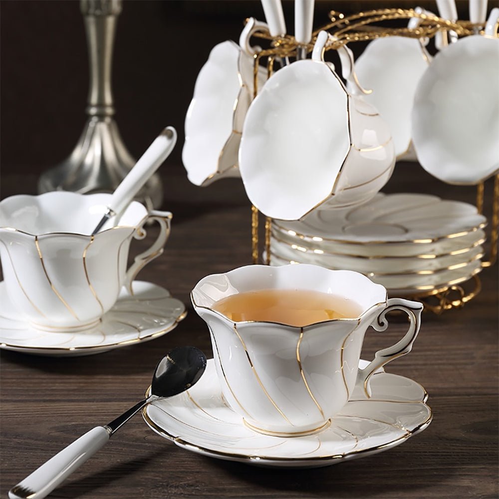 Premium Freesia Tea Cups and Saucers Set - Elegant Porcelain Tea Set for Afternoon Tea, Bridal Shower, and Home Decor - 6-Piece Floral Tea Cup Set with Saucers