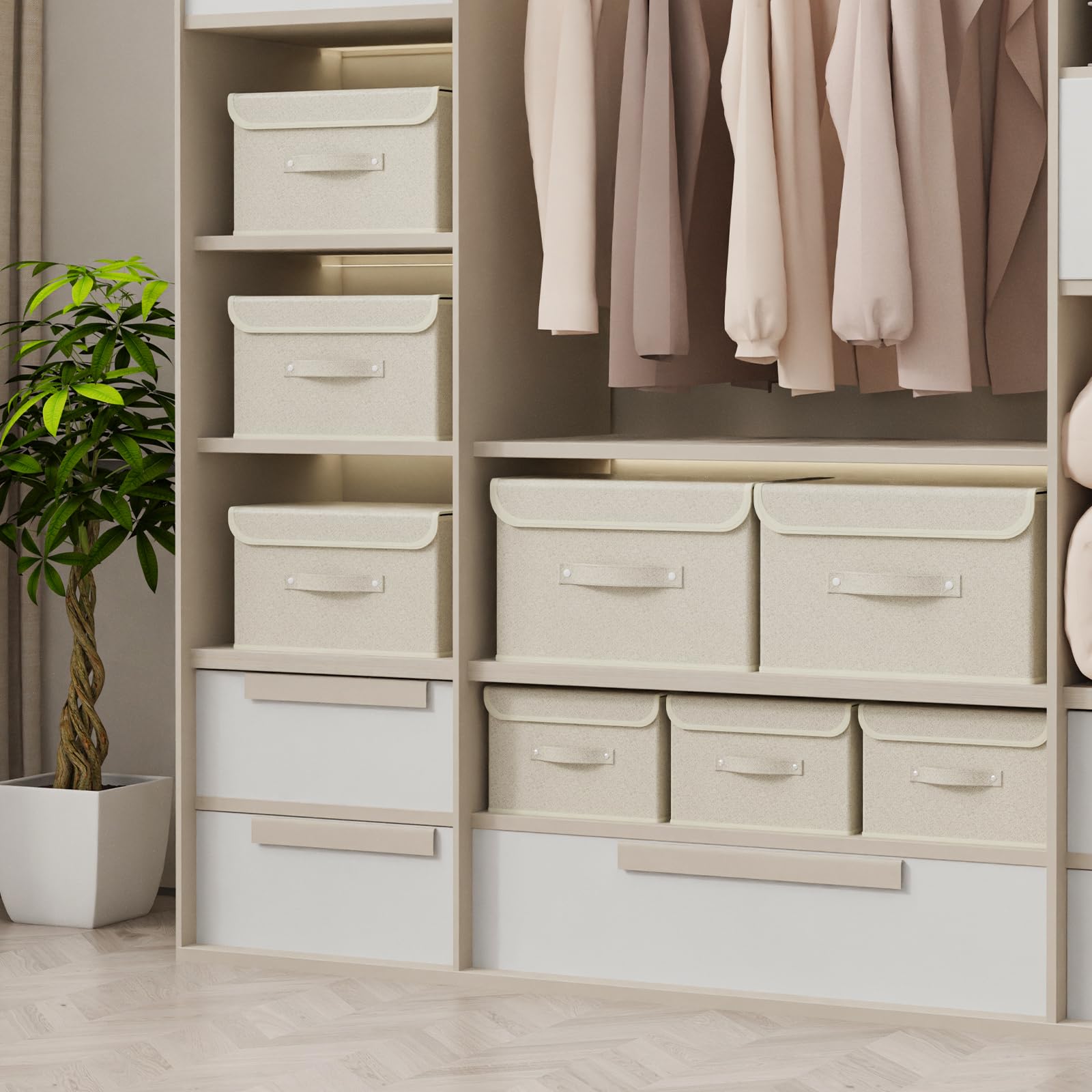 Collapsible Storage Boxes with Lids - Fabric Wardrobe Organizer Bins with Handles for Closet, Bedroom, Home - 10.2x7.9x6.7 Inches, Grey & Beige - Perfect for Books, Toys, Seasonal Clothing & Home Organization