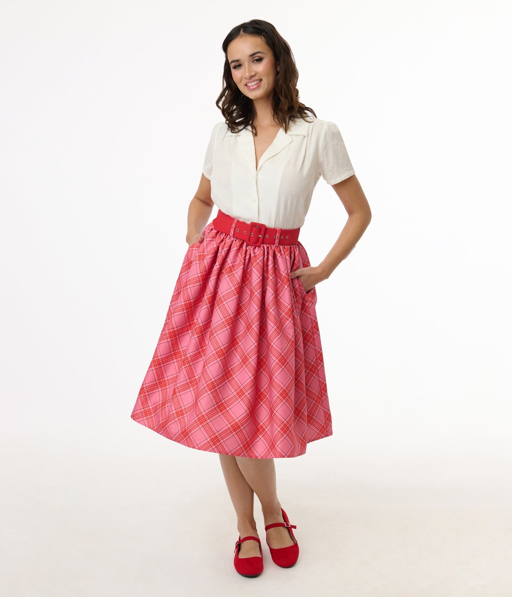 Vintage 1950s Pink & Red Plaid Swing Skirt with Belt - Retro 50s Rockabilly Style - Perfect for Pinup Fashion, Swing Dancing & Vintage-Themed Parties