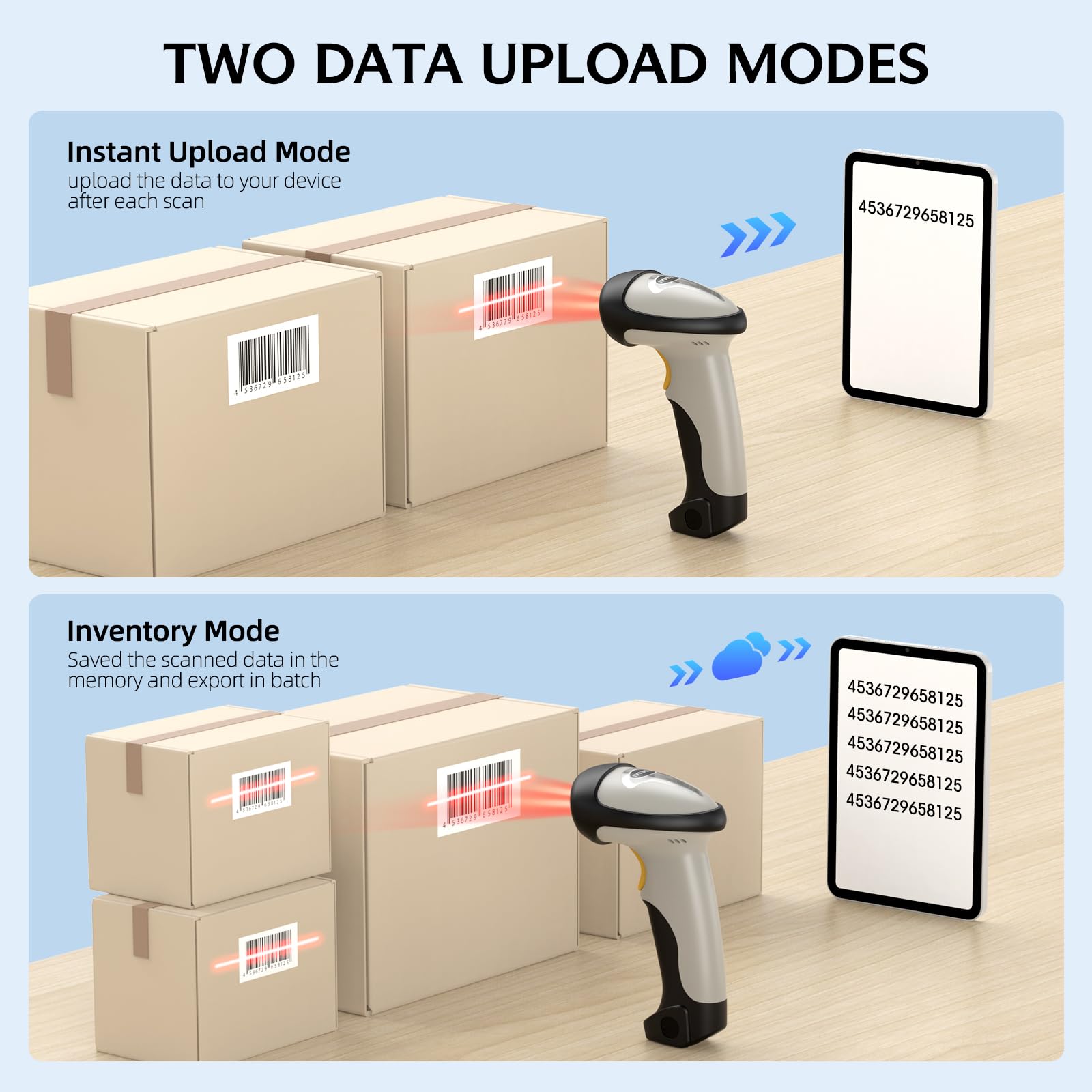 TEEMI Wireless Bluetooth Barcode Scanner - 1D Laser Handheld Reader Compatible with iPhone, iPad, Android Tablet, PC, Mac OS X, Windows 10 & iOS 14 - Includes Stand for Retail, Warehouse & Inventory Management