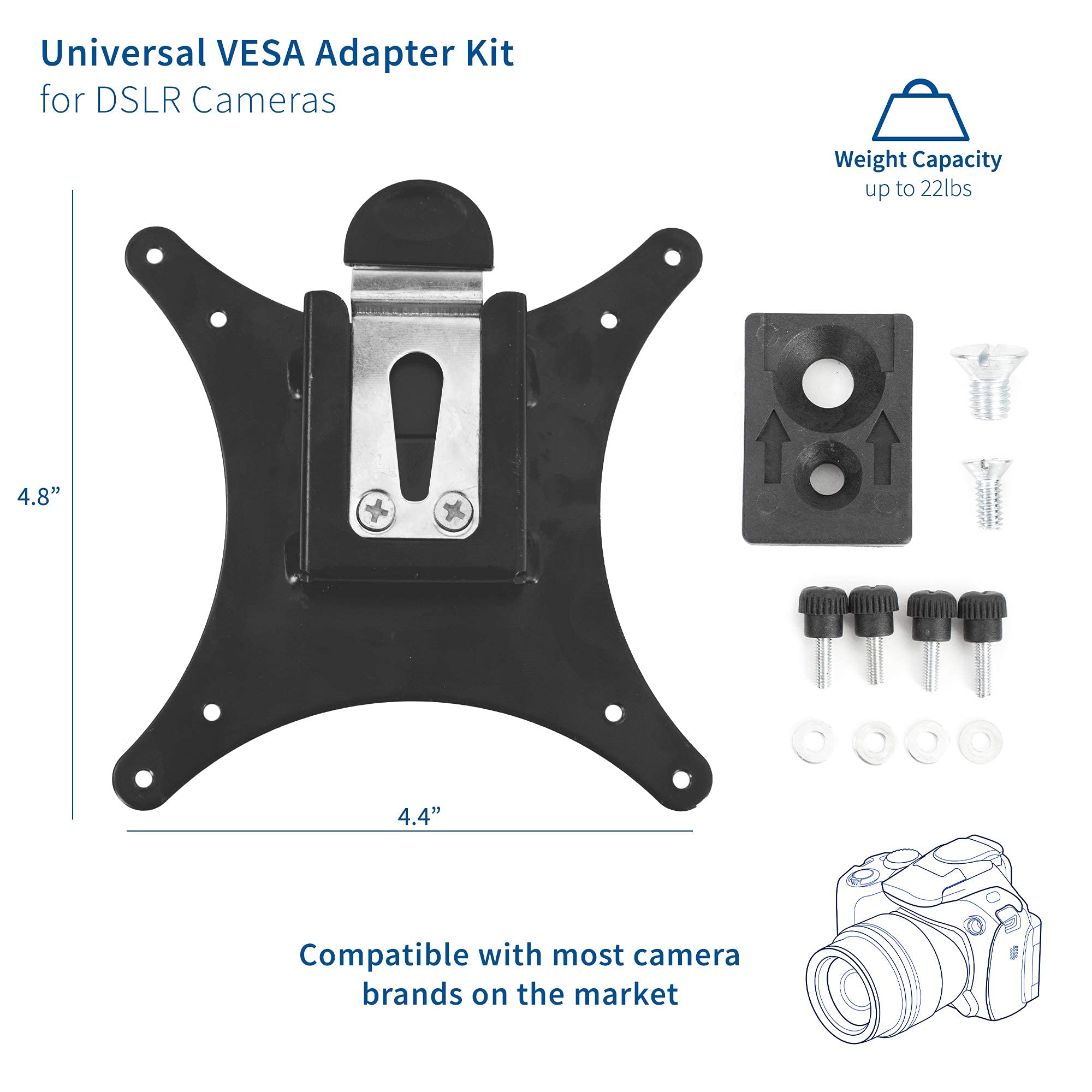 Universal VESA Adapter Bracket Kit for Cameras - 1/4 Inch Mount for Monitor Stand & Tripod - Black MOUNT-V00CAM - Perfect for Overhead Portrait, Landscape Photography & Video Shooting