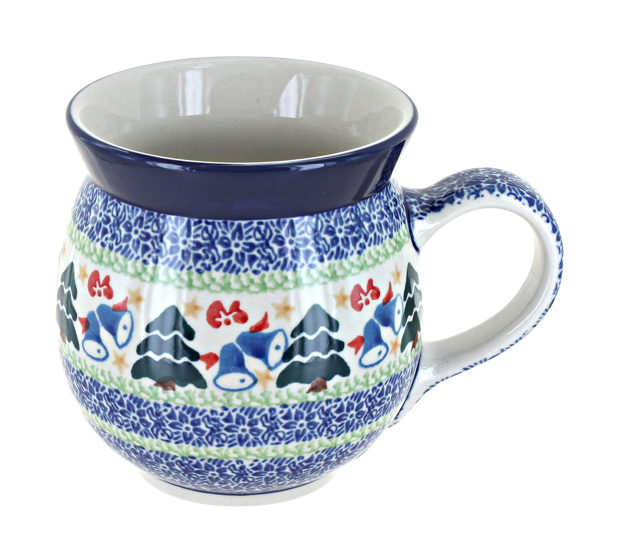 Handmade Blue Rose Polish Pottery Winter Bells Bubble Mug - 16oz Ceramic Coffee Cup with Lid - Perfect for Hot Chocolate, Tea & Holiday Gifts (Christmas, Valentine's Day) - Cozy Home & Office Use