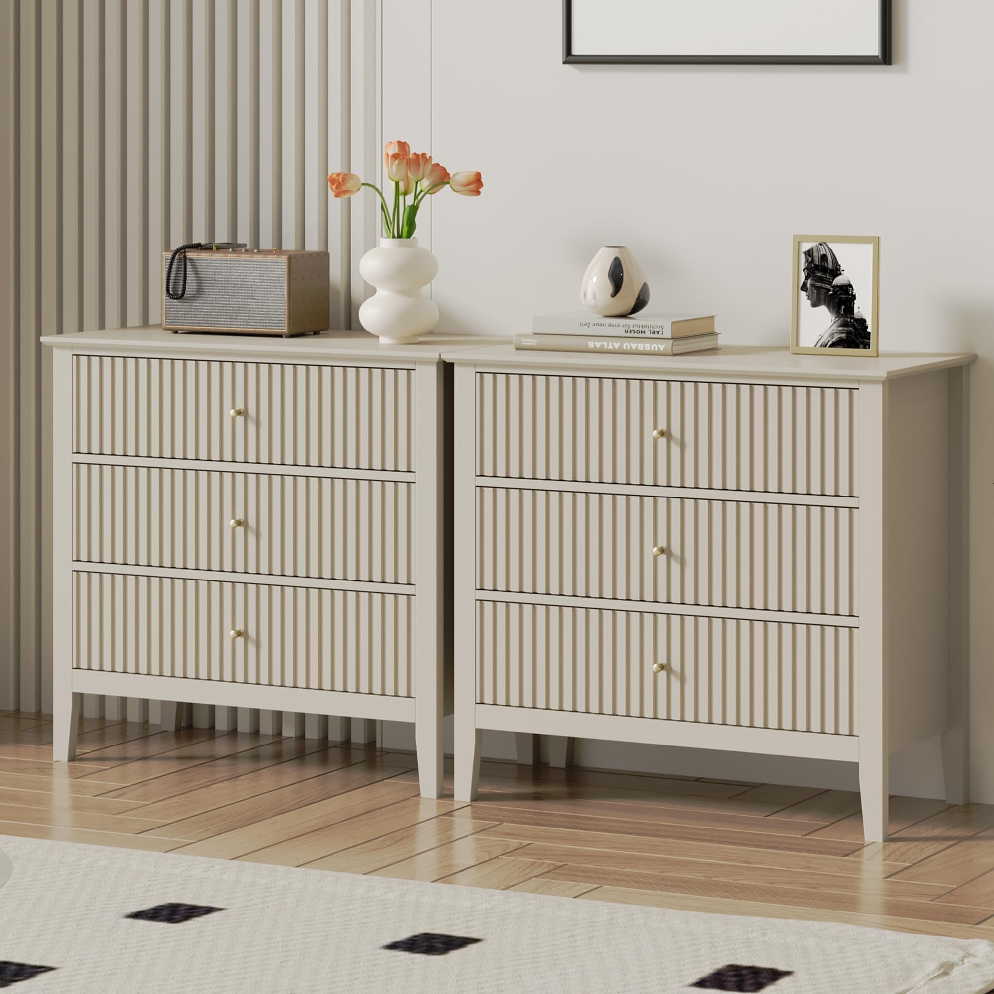 RoyalCraft Large 3-Drawer Dresser Set of 2 - Modern Fluted Wood Nightstands for Bedroom & Entryway - 30