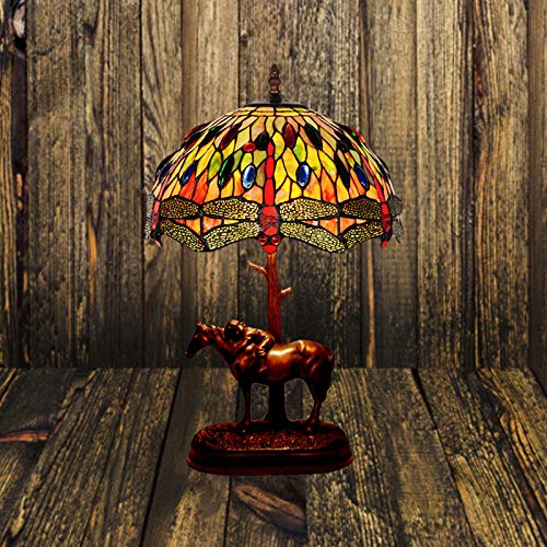 Tiffany Style Dragonfly Stained Glass Table Lamp with Resin Horse & Child - Baroque Coffee Table Lighting for Living Room, Bedroom & Office Decor