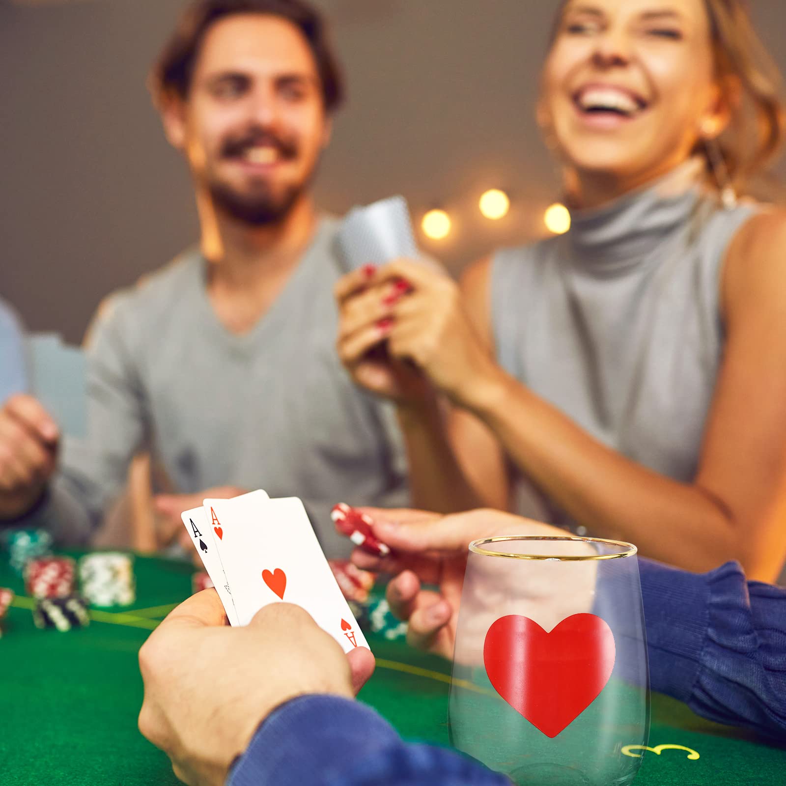 Whaline 17oz Casino Party Stemless Wine Glasses - 4Pcs Gold Rimmed Clear Poker Tumbler Cups for Casino Night, Poker Games, Themed Weddings & Home Decor - Perfect for Casino Themed Events, Bachelor Parties & Game Night Entertaining
