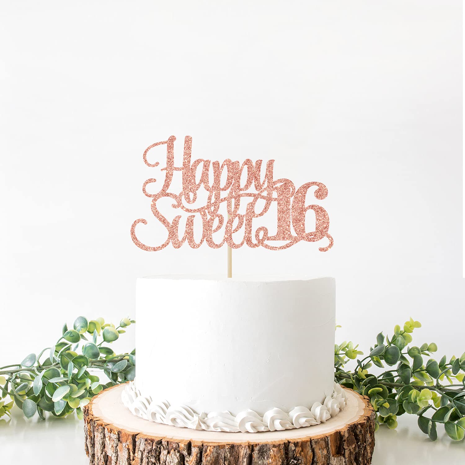 Rose Gold Glitter Happy Sweet 16 Cake Topper - 16th Birthday Cake Decorations - Hello 16 Party Supplies for Sweet Sixteen Celebrations, Birthday Parties & Milestone Events