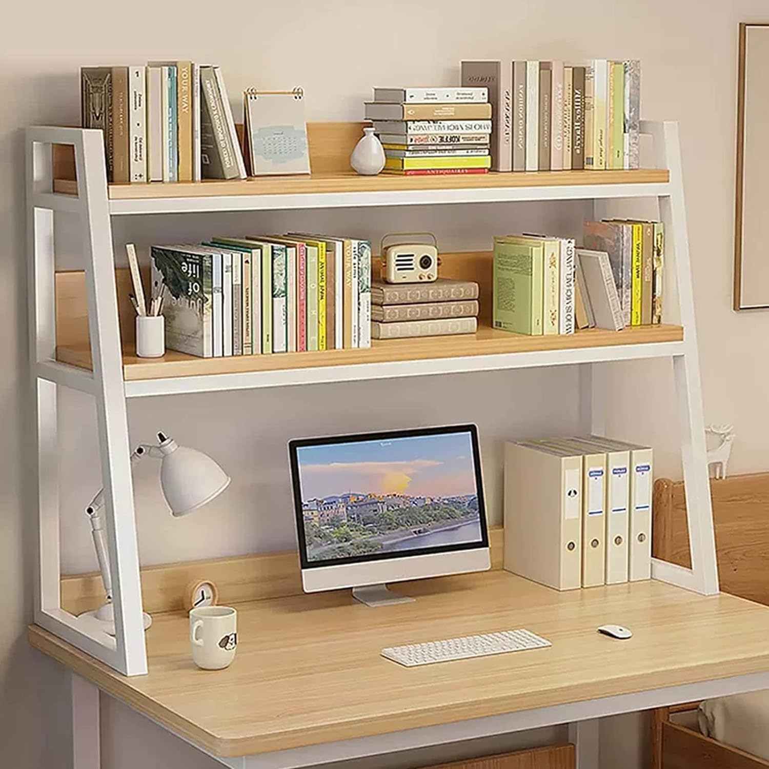 2 Layer Desktop Storage Organizer - Trapezoidal Display Shelf & Book Rack for Office, Home, Dorm | Perfect for Organizing Books, Files, Stationery & Small Items