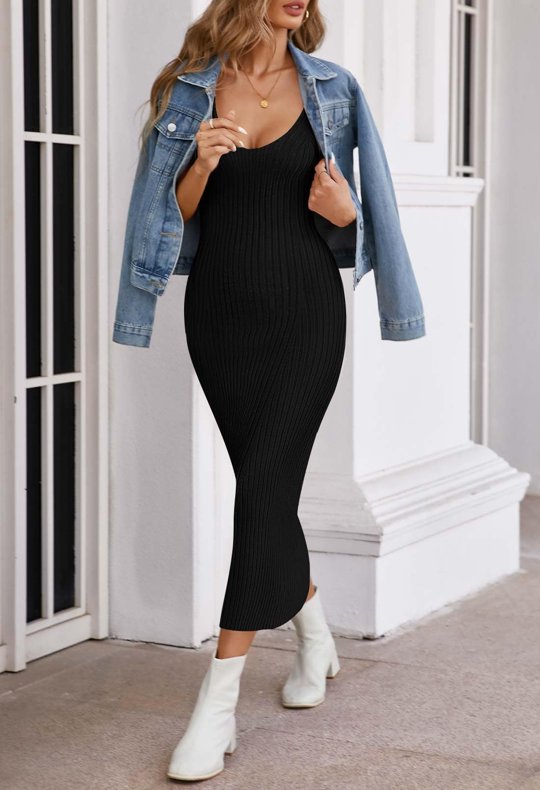 MEROKEETY Women's 2025 Summer Spring V-Neck Knit Midi Dress - Bodycon Casual Sleeveless Ribbed Sweater Dress for Office, Date Night & Vacation