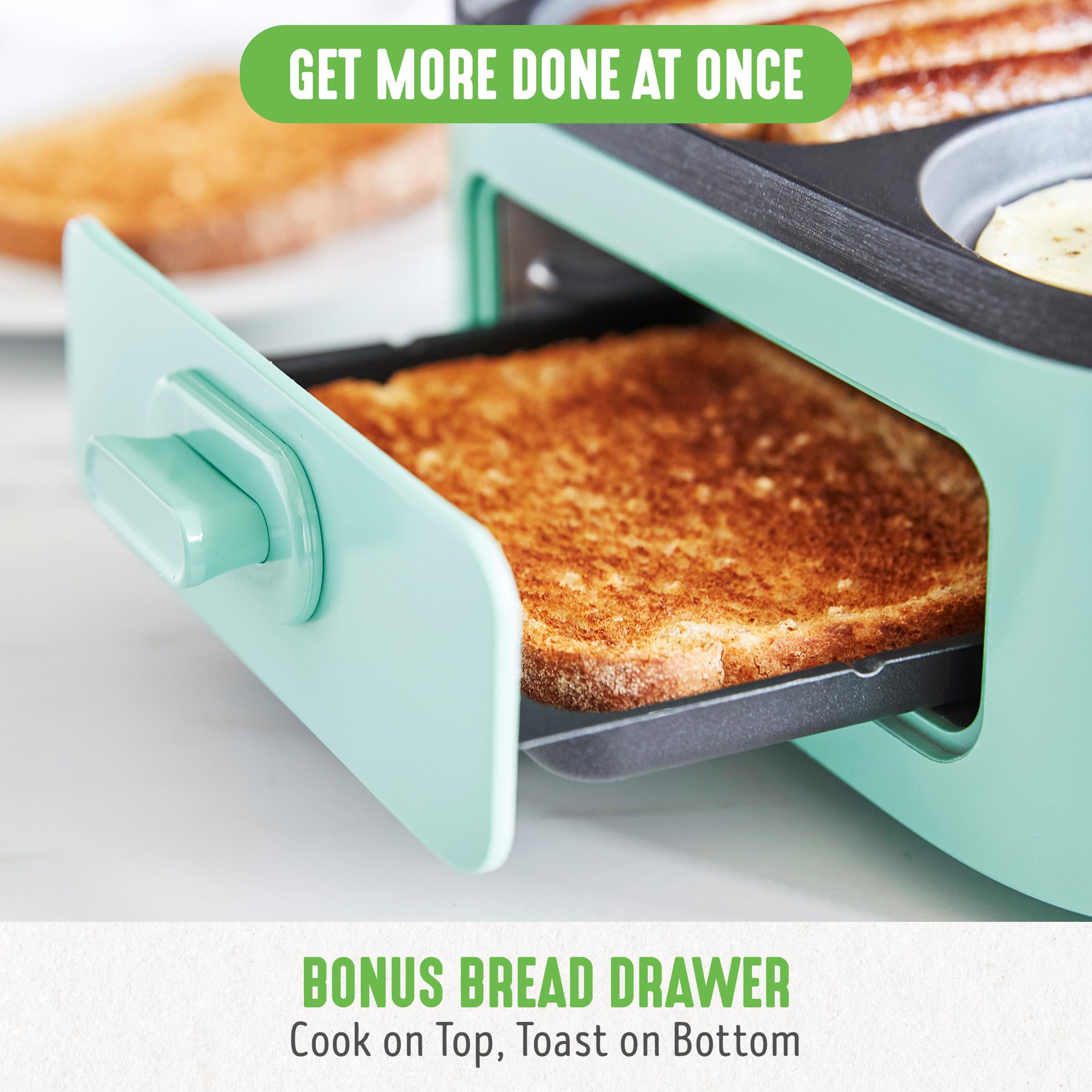 GreenLife 3-in-1 Breakfast Maker Station - Healthy Ceramic Nonstick Dual Griddles for Eggs, Meat, Sausage, Bacon, Pancakes & Breakfast Sandwiches with 2-Slice Toast Drawer & Easy Timer - Perfect for Quick Breakfasts, Family Meals & Small Kitchens (Turquoise)