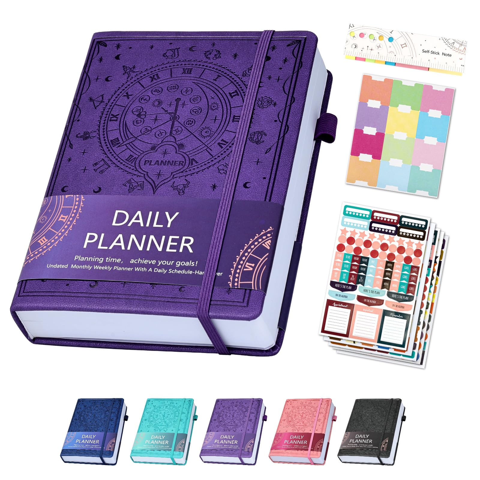 Ospelelf 2025 Leather Undated Daily Planner (5.5 x 8.5'') - Weekly & Monthly Life Organizer, A5 Hardcover Productivity Journal with Stickers (Purple) | Perfect for Work, School, and Personal Goal Tracking