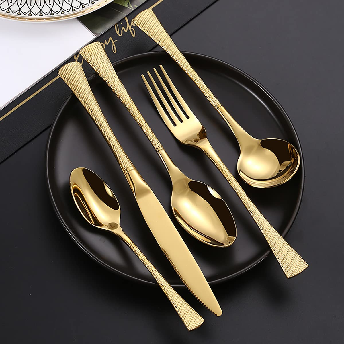 20-Piece Stainless Steel Gold Silverware Set for 4 - Modern Hammered Flatware with Steak Knives | Dishwasher Safe Cutlery Set for Home & Restaurant | Perfect for Dinner Parties, Weddings & Fine Dining