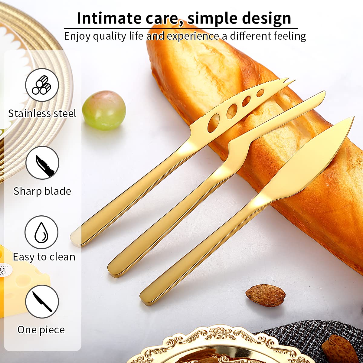 Premium Kyraton Gold Cheese Knife Set of 3 - Titanium Plated Cheese Slicer, Butter Knife & Cheese Cutter - Ergonomic Design for Hard & Soft Cheeses - Perfect for Charcuterie Boards, Wine Pairings & Dinner Parties