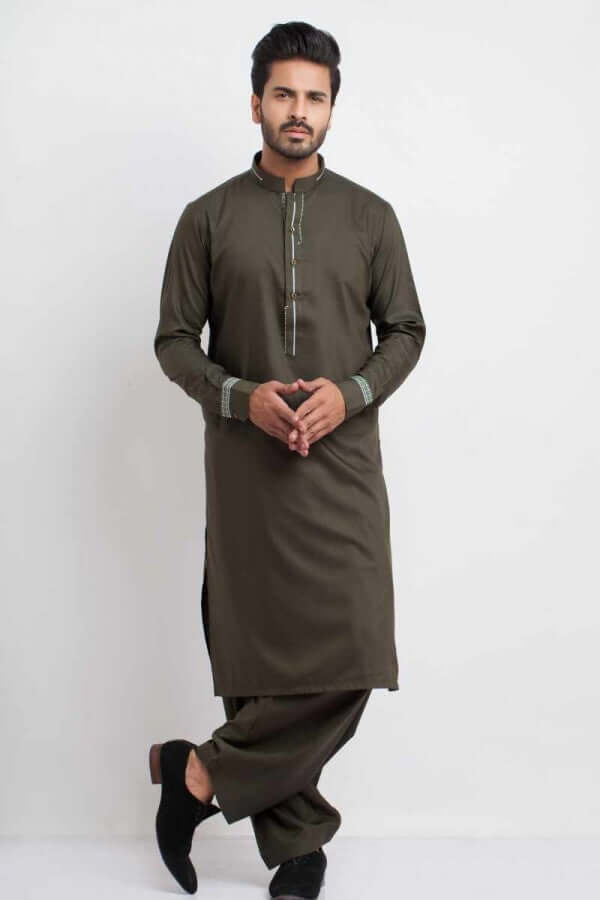 Deep Olive Green Shalwar Kameez AI SHKZ 00148 - Elegant Pakistani Traditional Outfit for Women, Perfect for Weddings, Festivals & Special Occasions