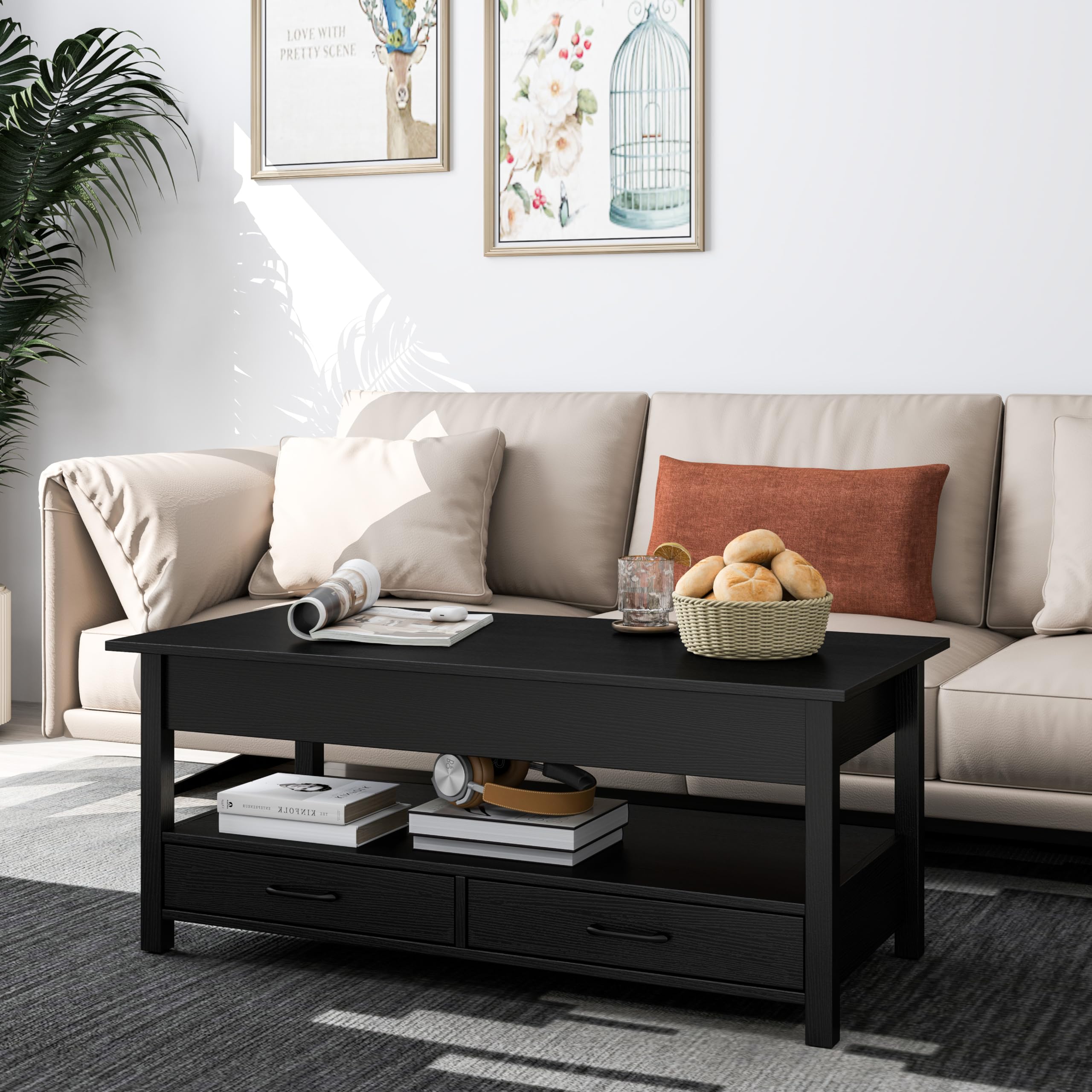 Lift Top Coffee Table with Hidden Storage - Retro Wooden Coffee Table with 2 Drawers & Open Shelf - Panana Lift-Top Living Room Table for Sofa & TV Area (Black) - Perfect for Small Spaces & Home Decor