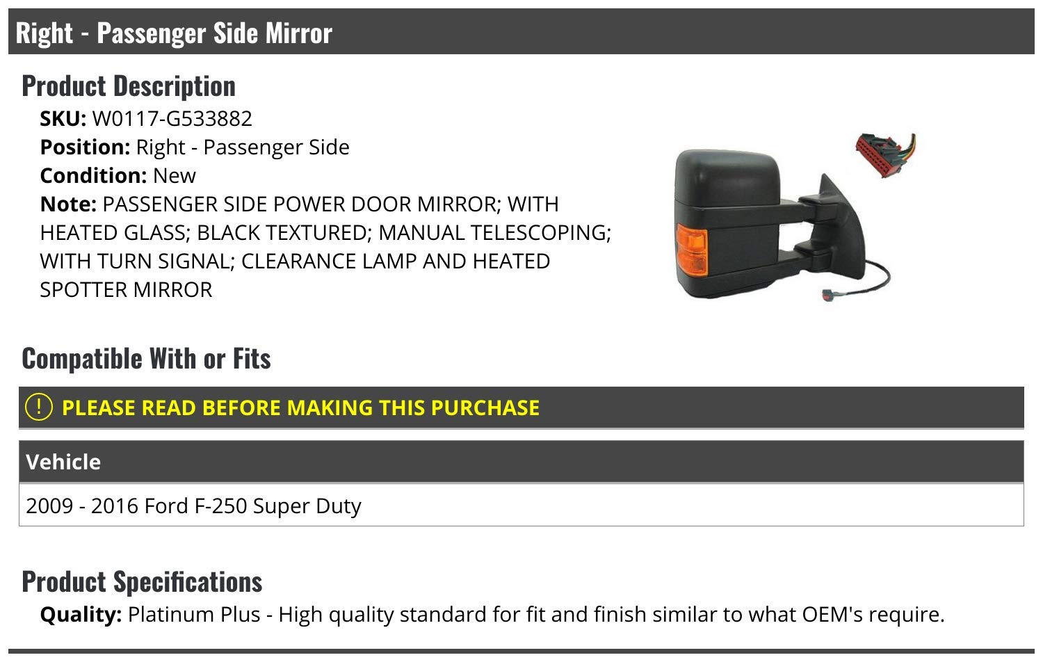 Right Passenger Side Power Mirror for 2009-2016 Ford F-250 Super Duty - Textured Black Manual Telescoping Mirror with Heated Glass, Turn Signal, Clearance Lamp & Heated Spotter Mirror - Perfect for Towing, Off-Roading & Winter Driving