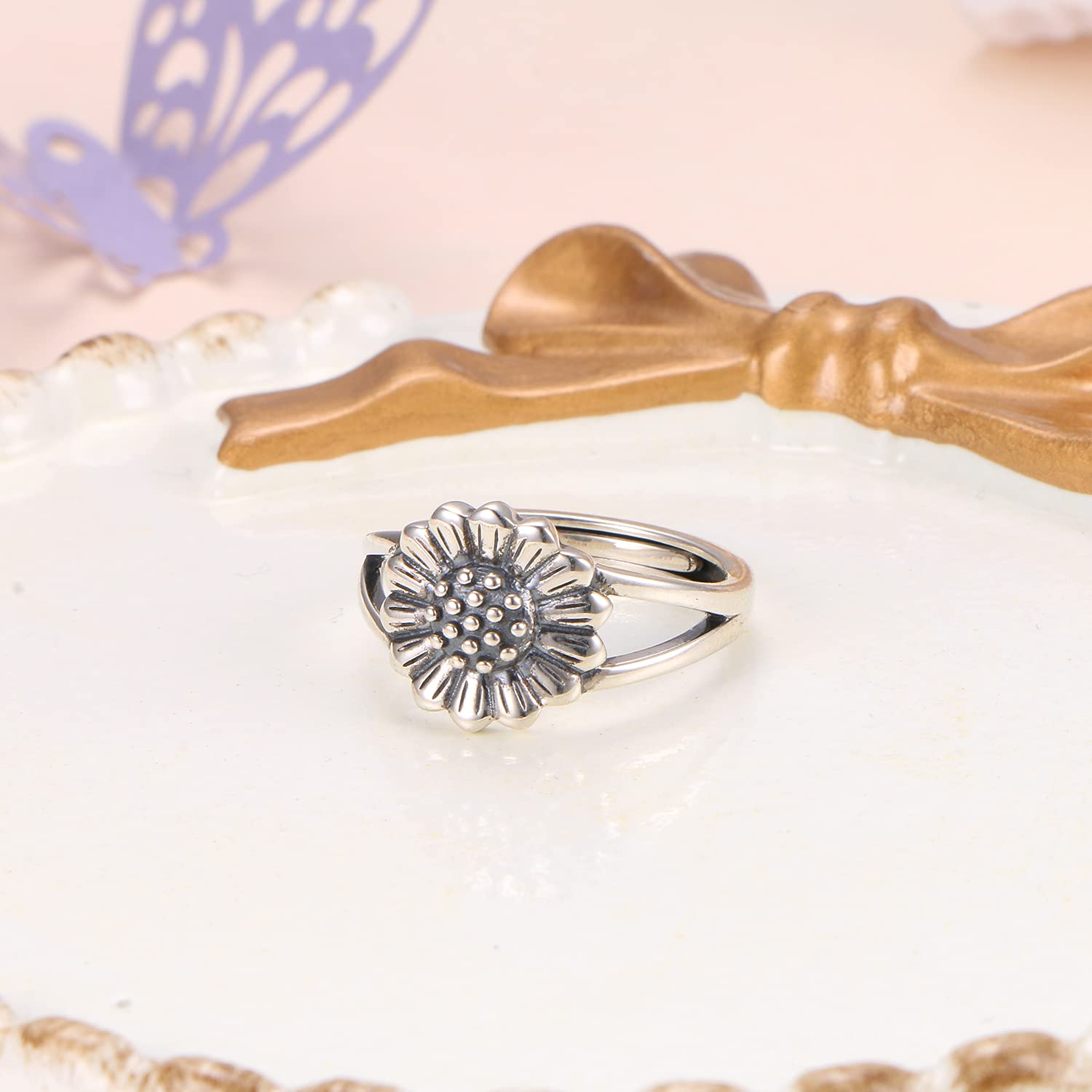 925 Sterling Silver Flower Ring - Vintage Sunflower, Lotus, Rose & Mandala Boho Stackable Adjustable Celtic Rings for Women | Unique Jewelry Gift for Christmas, Party, Festival & Everyday Wear | Thumb Ring, Layering Ring, Fashion Statement