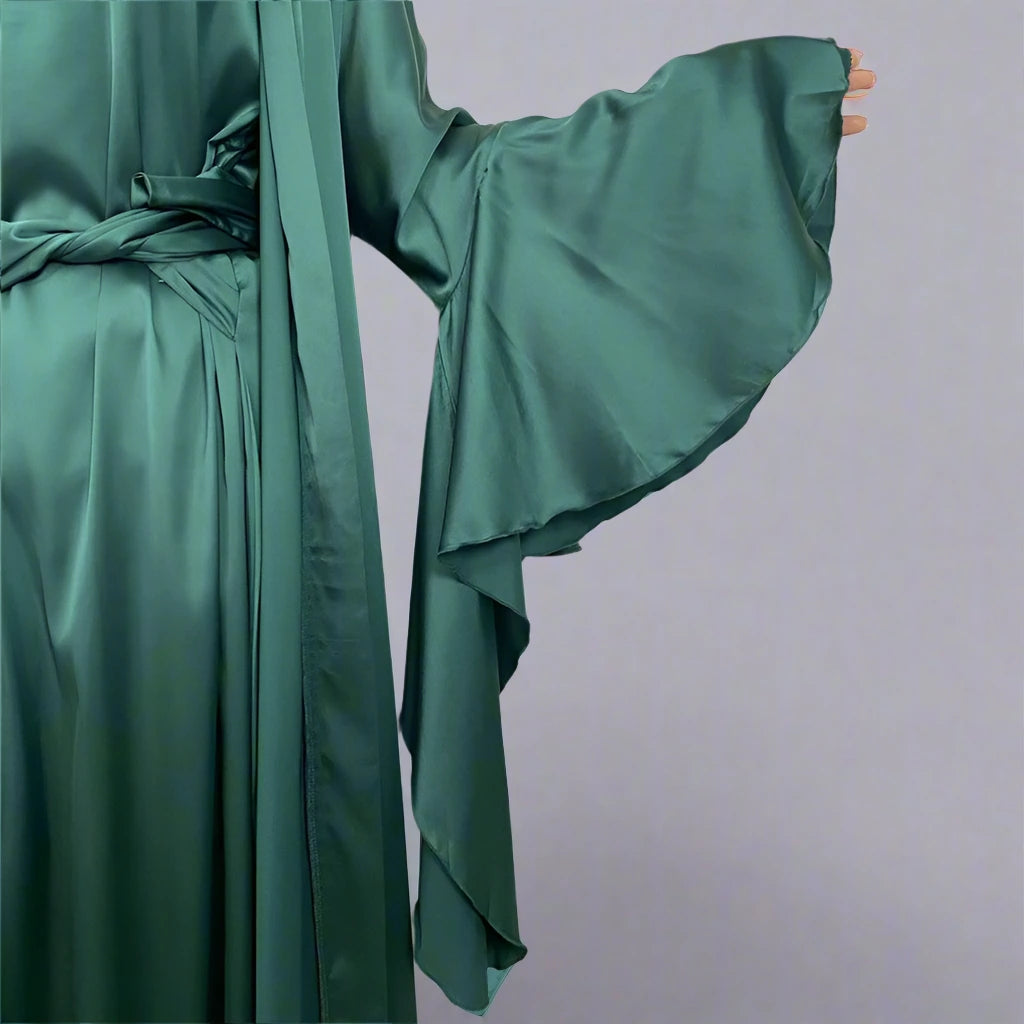 2 Piece Satin Open Abaya Dress Set for Women - Elegant Muslim Prayer Dress & Modest Evening Wear - Perfect for Ramadan, Eid, Mosque & Special Occasions
