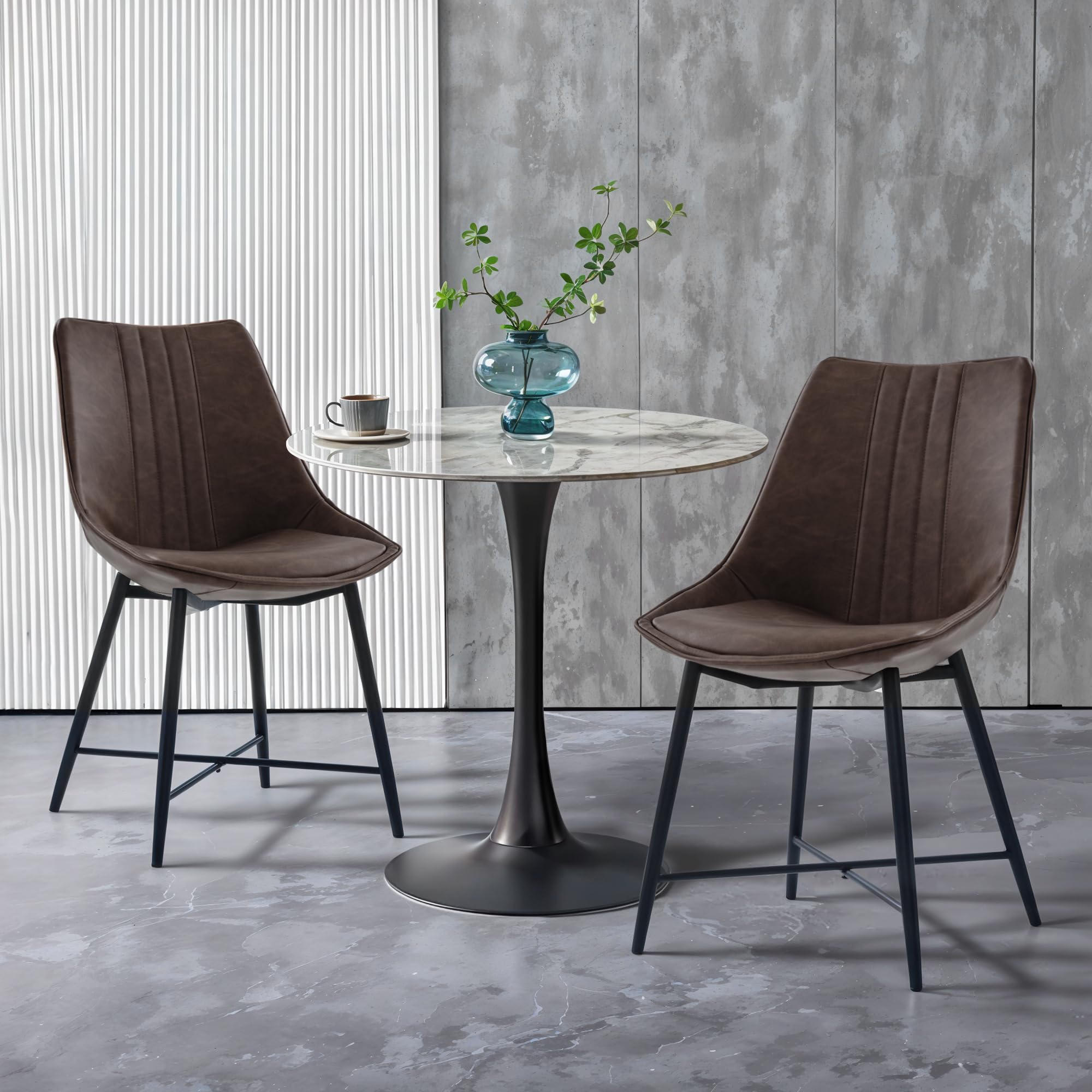 MOJAY Set of 2 Brown Faux Leather Dining Chairs - Modern Armless Upholstered Side Chairs with Sturdy Metal Legs for Dining Room, Kitchen, Bedroom & Vanity - Perfect for Small Spaces, Breakfast Nooks & Home Offices