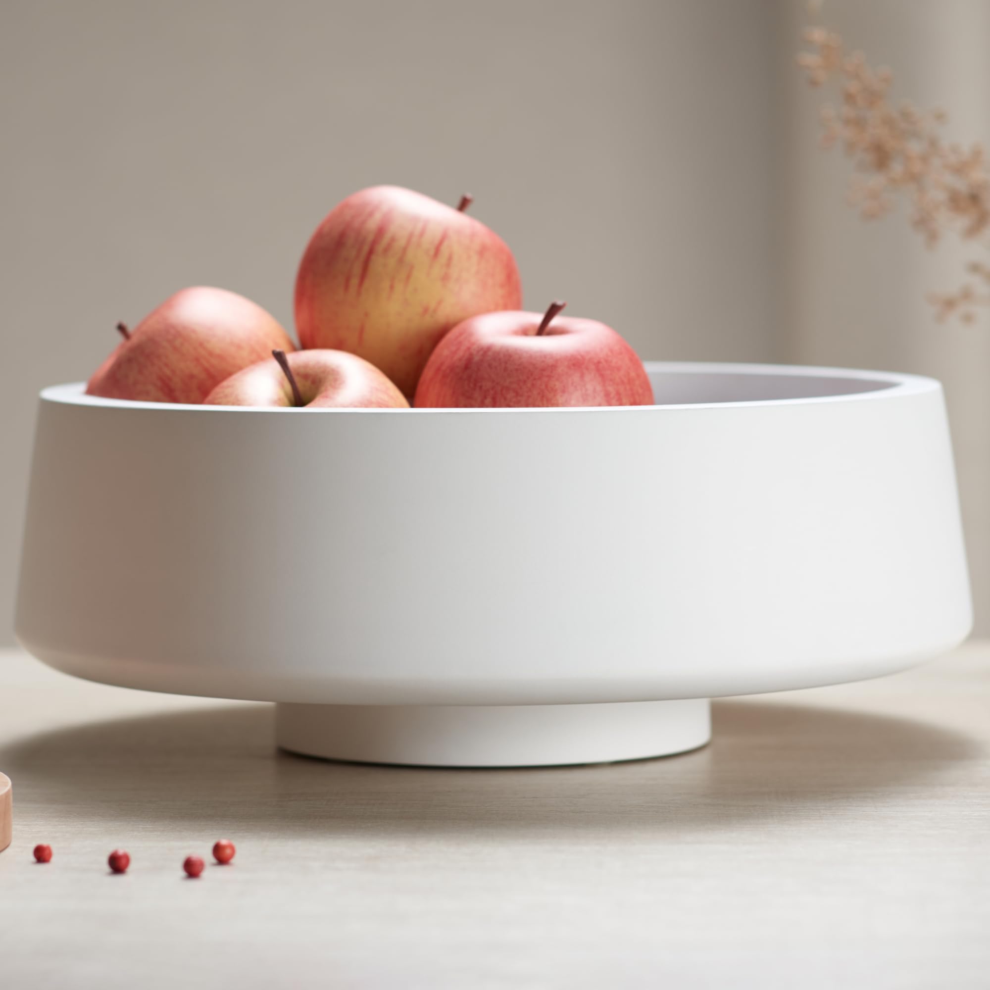 14.2-inch Large White Wooden Fruit Bowl with Pedestal - Decorative Kitchen Countertop Bowl for Displaying Fruits, Apples, Bananas & Home Decor