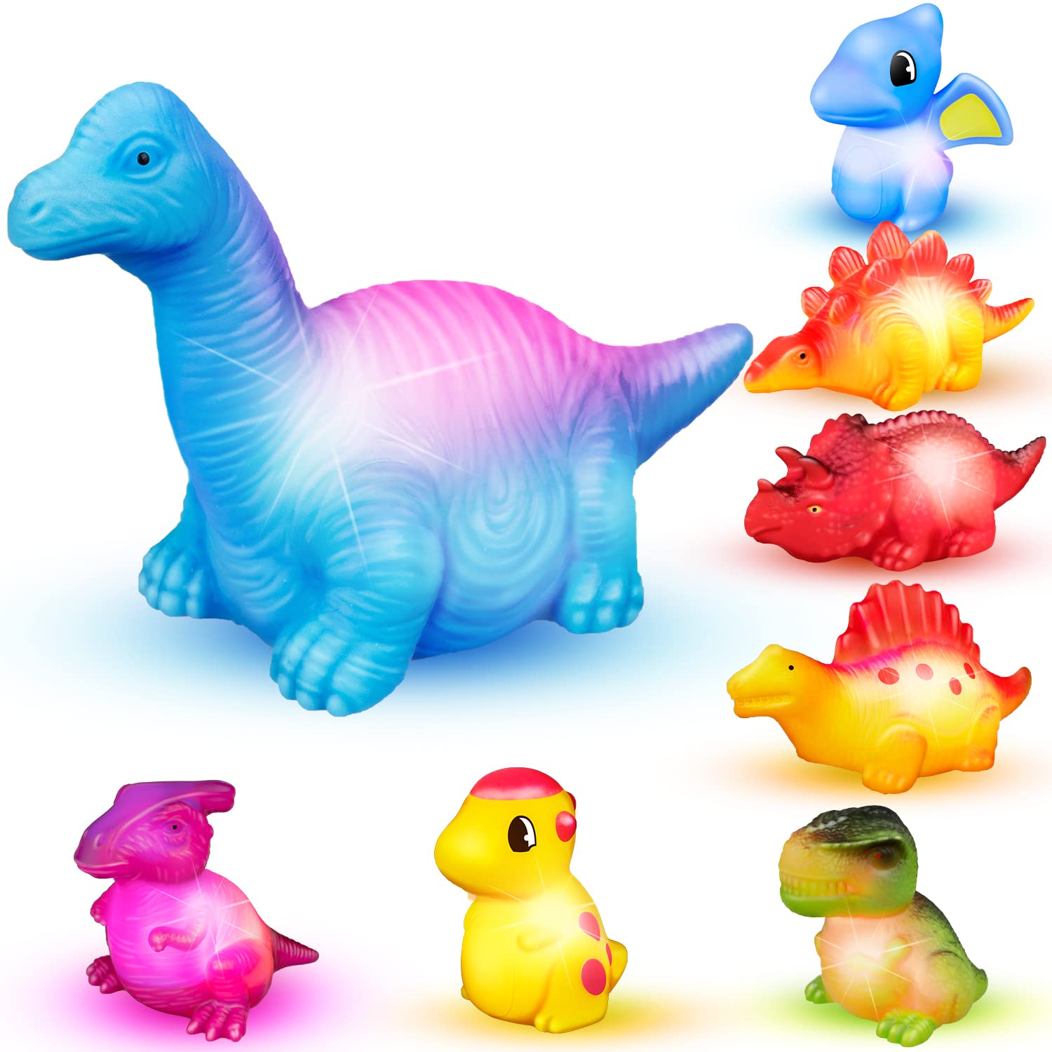 8 Pcs Light Up Bath Toys for Toddlers - Glow in Dark Rubber Duck Dinosaur Shark Sensory Pool Toys, Floating Flashing Color Changing Bathtub Toys for 3 4 5 Year Old Boys & Girls - Perfect Birthday Gifts & Fun Bath Time Activities