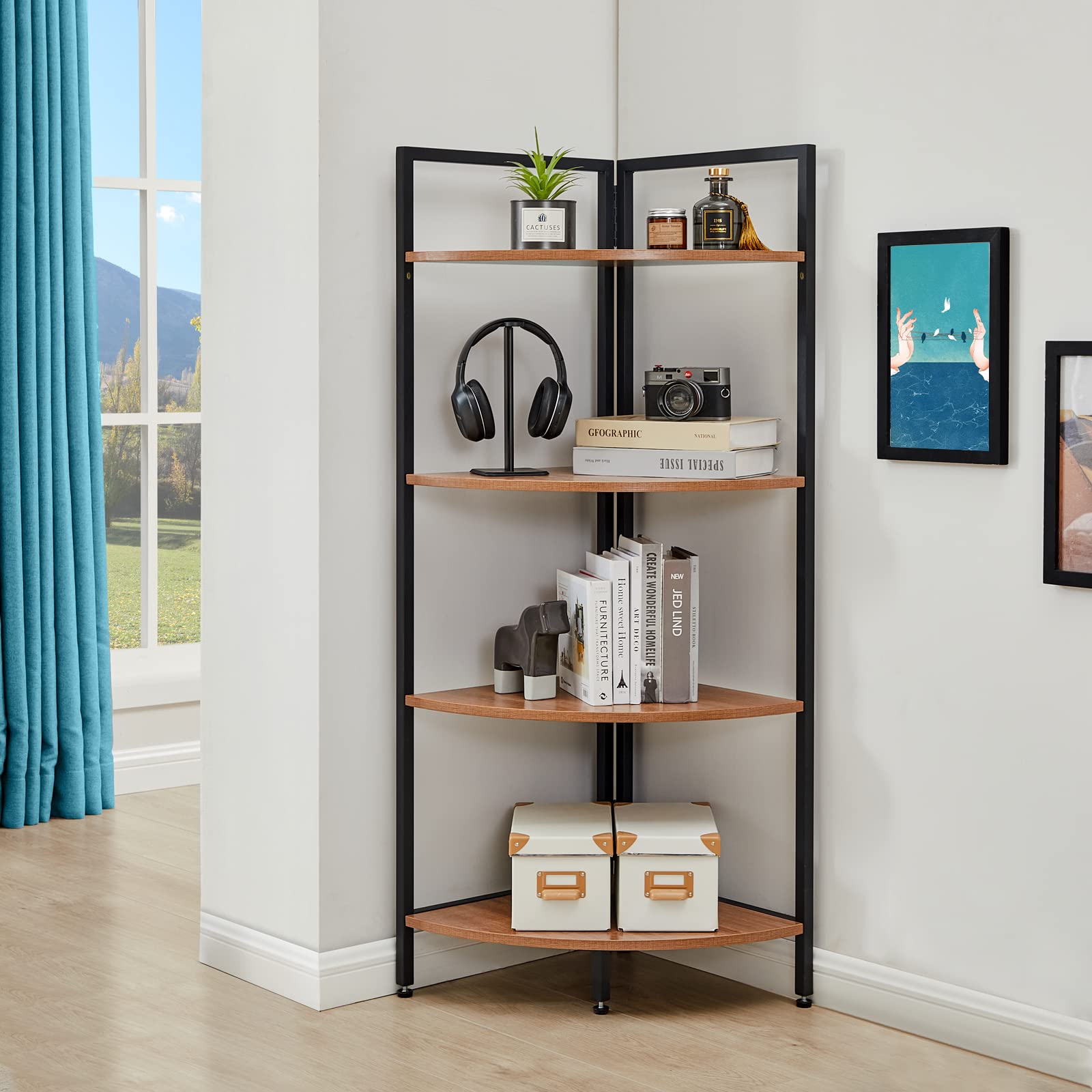 SAYGOER Corner Bookshelf & Walnut Oval Coffee Table Set - Modern Wooden Bookshelves & Living Room Coffee Table for Home Office Decor, Reading Nook, and Small Space Furniture