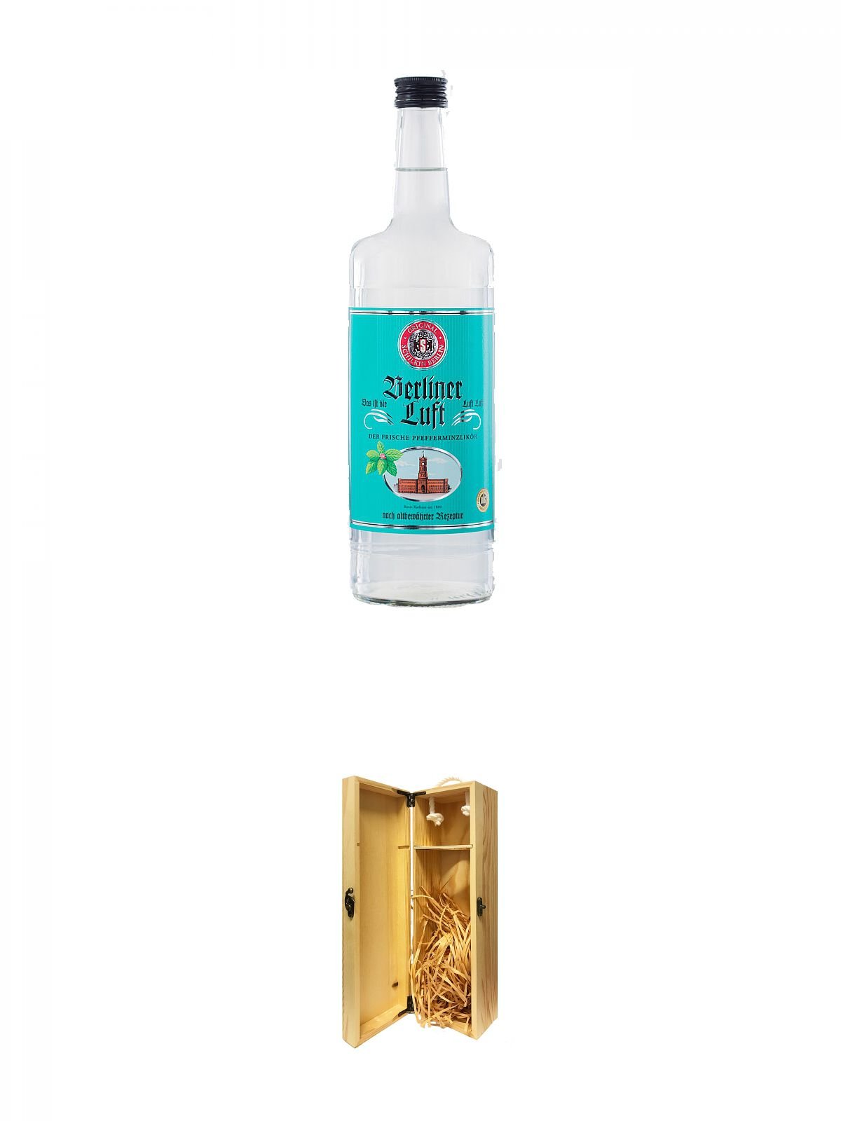 Premium Berliner Luft Peppermint Schnapps 1.0 Liter with Whiskey Wooden Gift Box - Includes Hinged Lid - Perfect for Gifting, Home Bar Display & After-Dinner Digestif