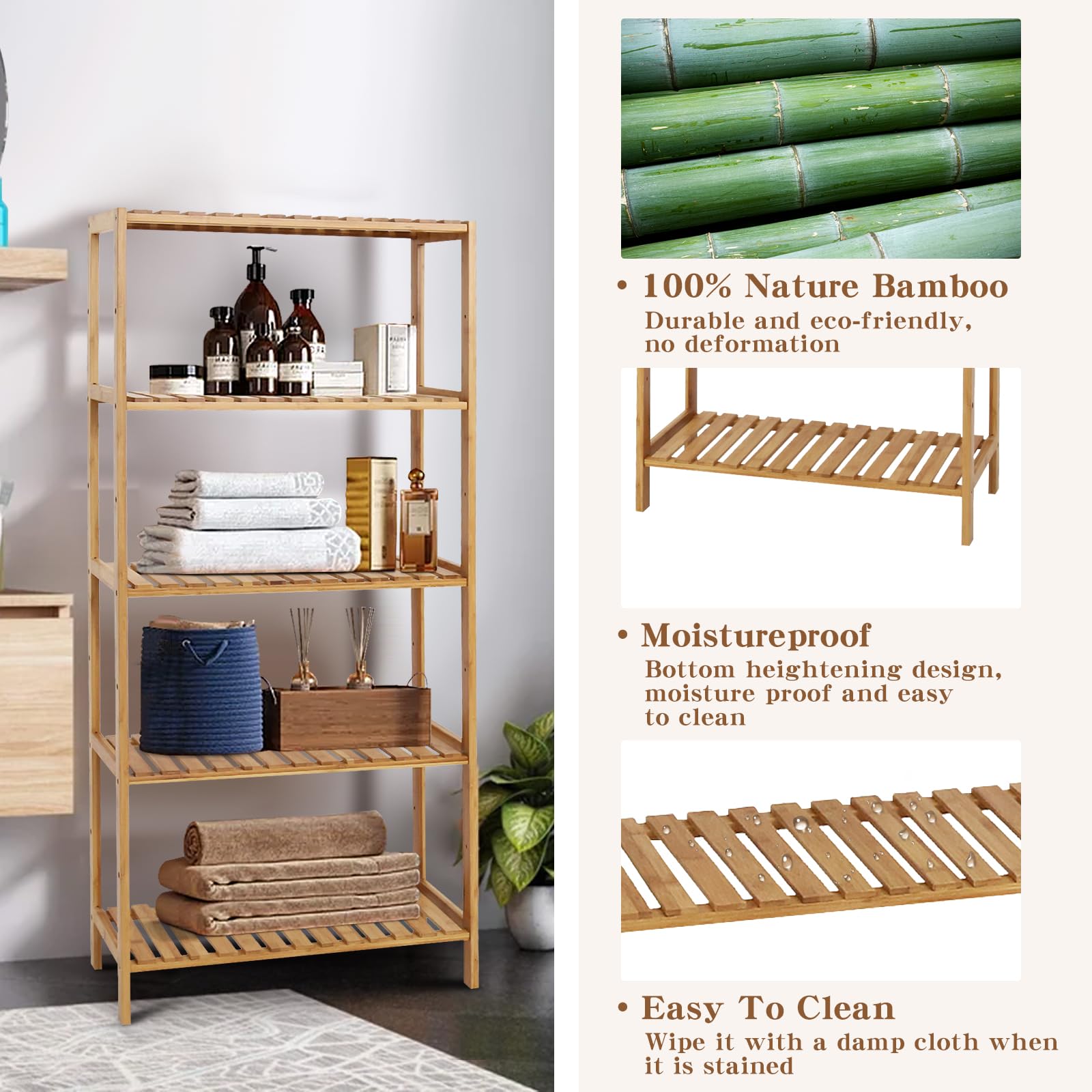 5-Tier Bamboo Bathroom Shelf Organizer - Space-Saving Storage Rack for Bathroom, Kitchen & Living Room - Perfect for Towels, Toiletries, Spices & Decorative Items