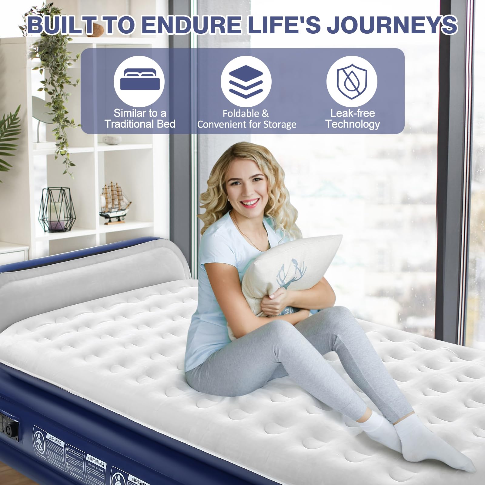 KMZ Twin XL Air Mattress with Built-in Electric Pump & Headboard - Comfort-Plush Enhanced Coil Technology for Home, Travel & Camping - Durable Inflatable Bed for Guests, Sleepovers & Outdoor Adventures