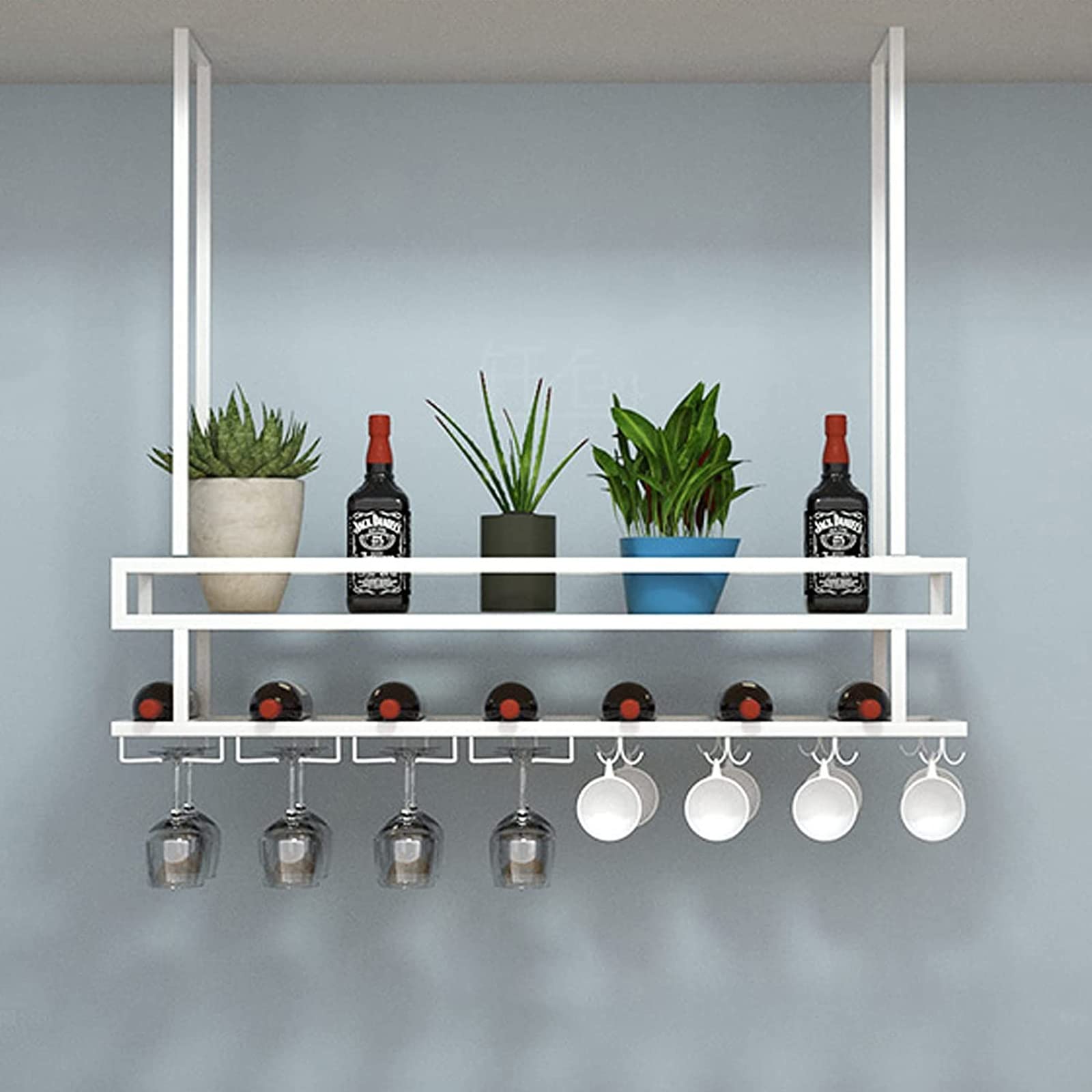 Industrial 2-Tier Hanging Ceiling Metal Wine Rack with Wooden Bar - Wall Mount Wine Glass Holder & Storage Shelf for Restaurant, Bar, Home (100cm) - Perfect for Kitchen, Dining Room & Wine Cellar Organization