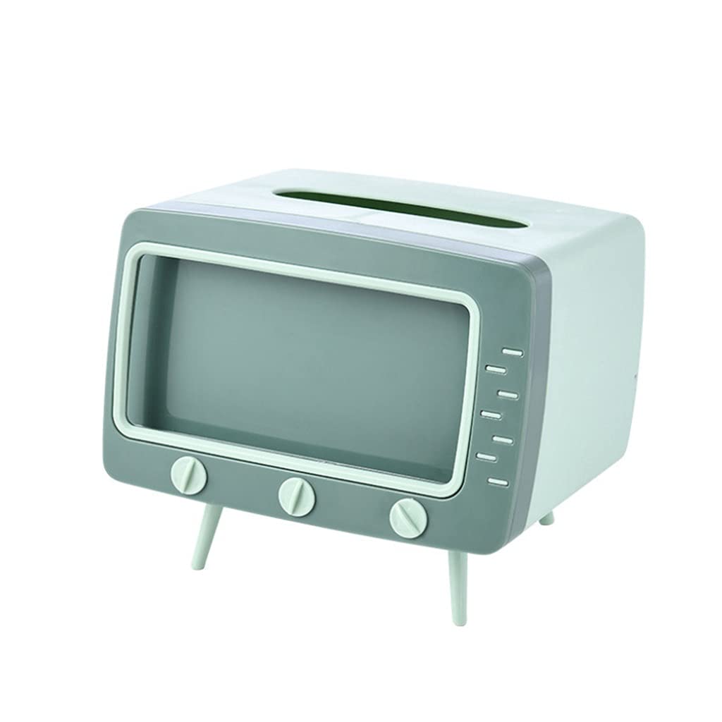 Multifunctional Retro TV Style Tissue Box with Drawer & Phone Stand Holder for 4.7-6 Inch Smartphones - Desktop Organizer for Home, Office, Bedroom (Green)