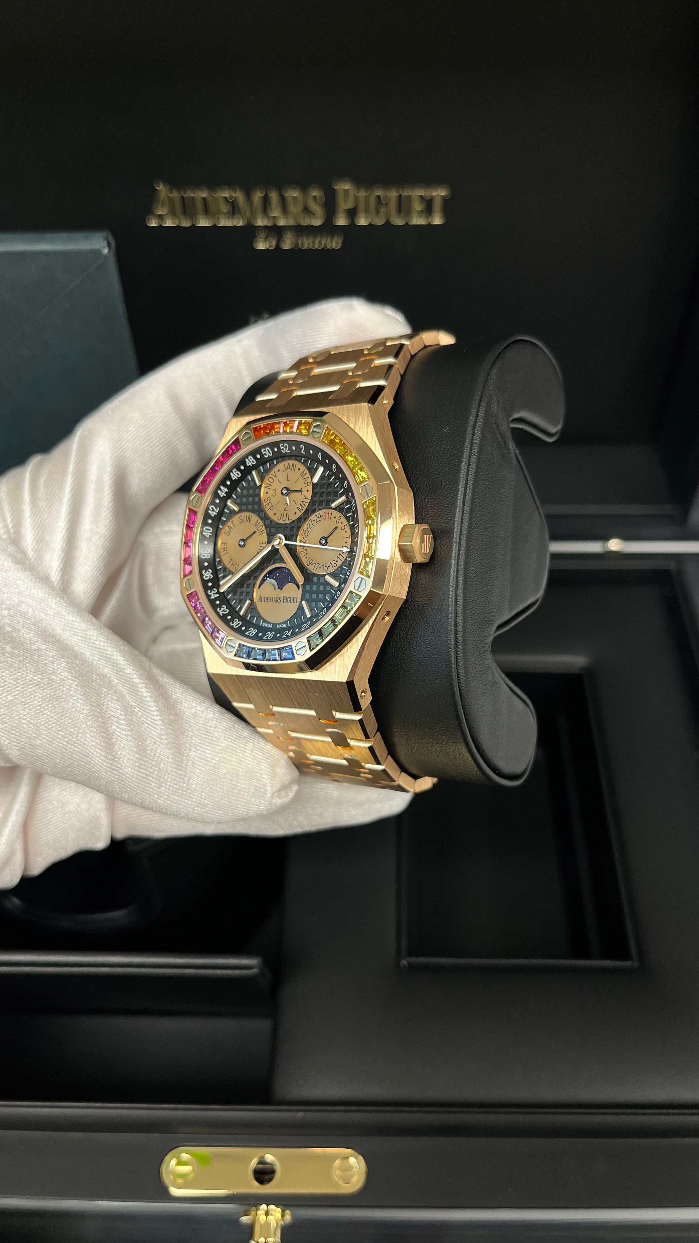 Audemars Piguet Royal Oak Perpetual Calendar 41mm 18K Rose Gold Watch with Rainbow Gemstones - Limited Edition of 20 Pieces (Ref. 266140) - Luxury Collector's Timepiece for Special Occasions & Investment