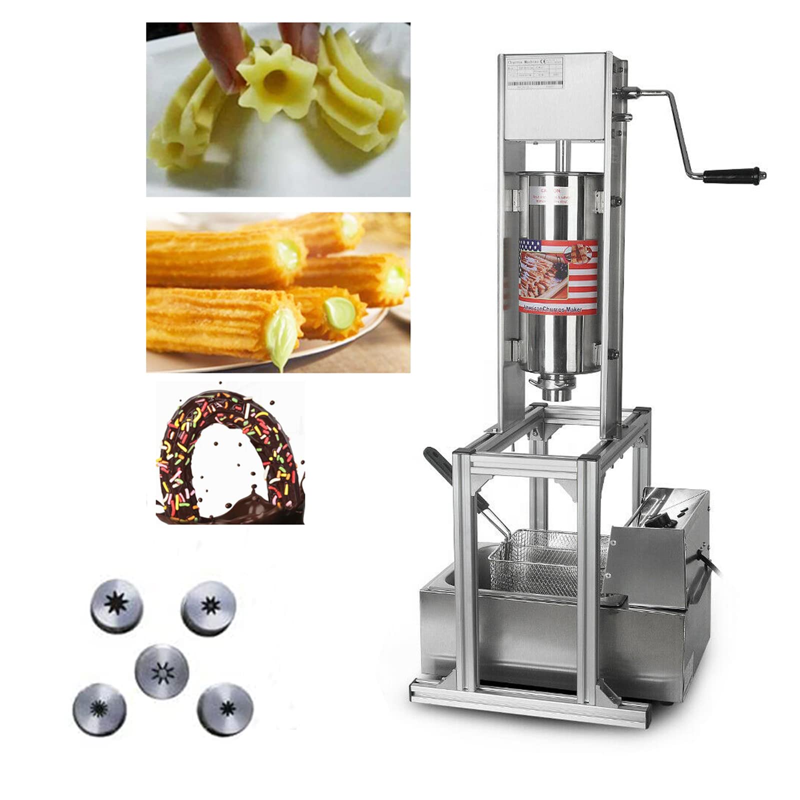 INTBUYING 5L Vertical Manual Churros Maker Machine - Stainless Steel Spanish Donut Maker with 5 Nozzles & 6L Electric Deep Fryer - Perfect for Home Kitchens, Restaurants, and Street Food Businesses