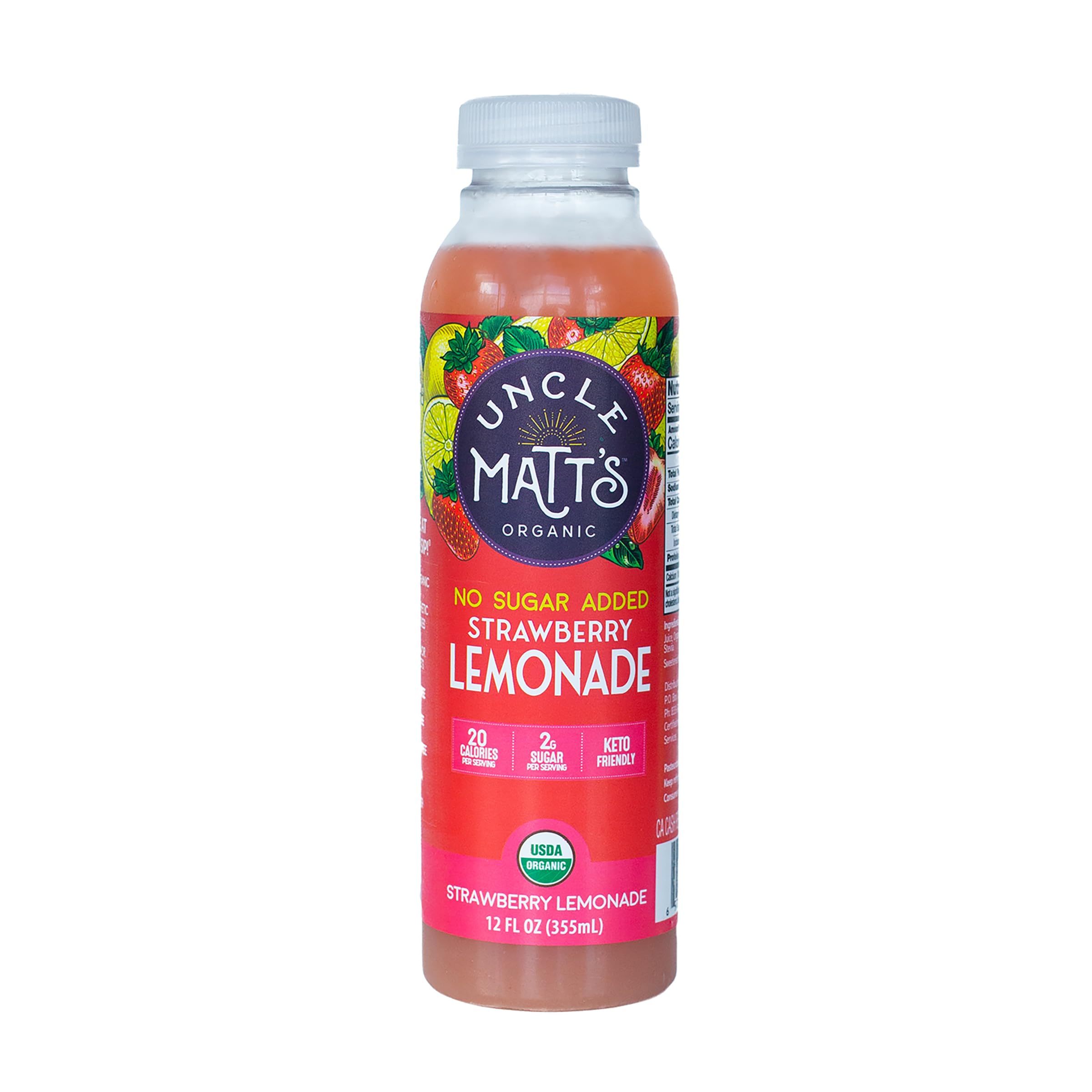 Uncle Matt’s Organic Strawberry Lemonade Juice - No Sugar Added, Made with Organic Lemons, Strawberries & Stevia, Only 20 Calories & 2g Fruit Sugar per Serving, 12-Pack of 12 oz Bottles | Perfect for Kids Lunchboxes, Picnics & Healthy Refreshment