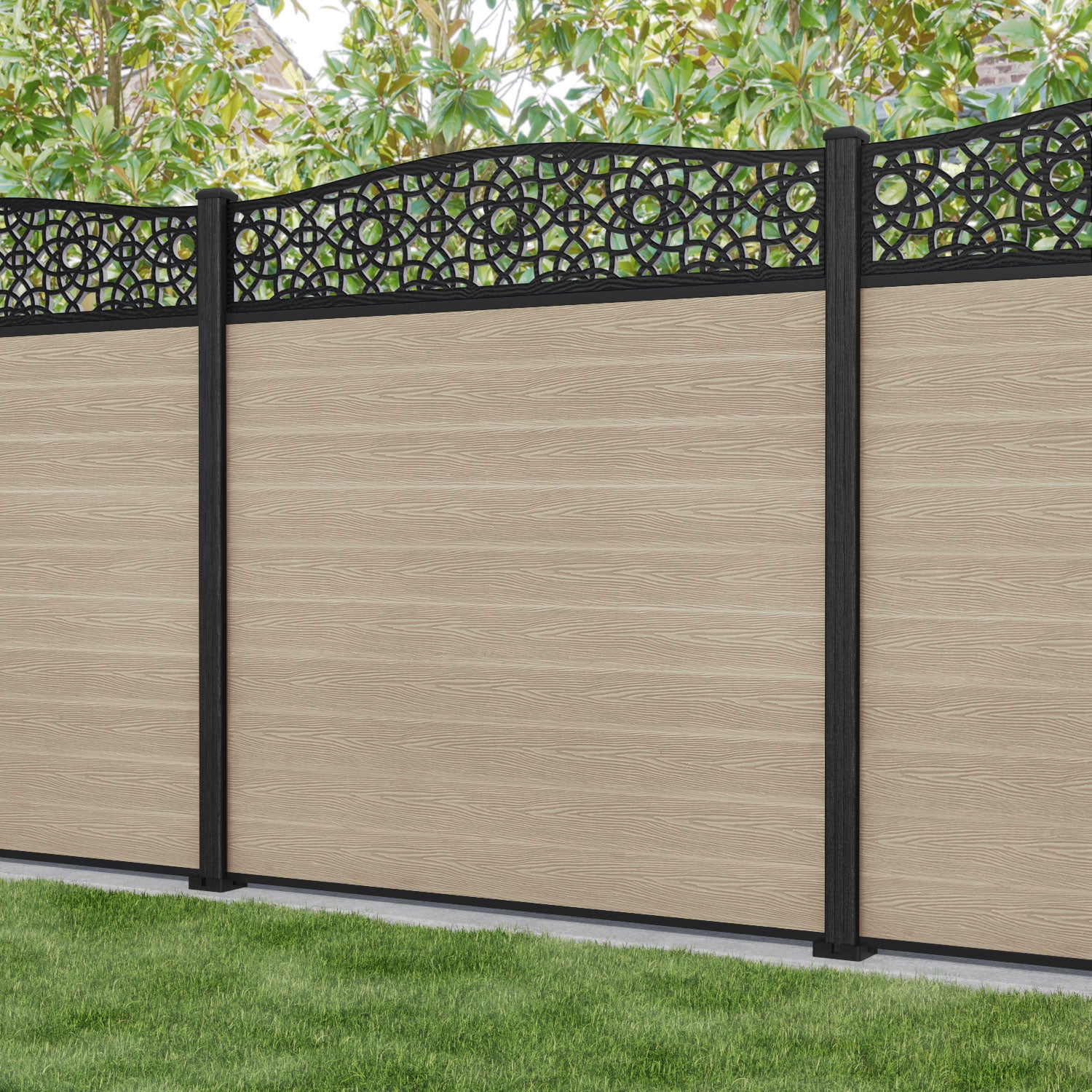 Classic Amber Curved Top Fence Panel - Light Oak Composite Wood Privacy Fencing for Backyard, Garden, and Outdoor Decor