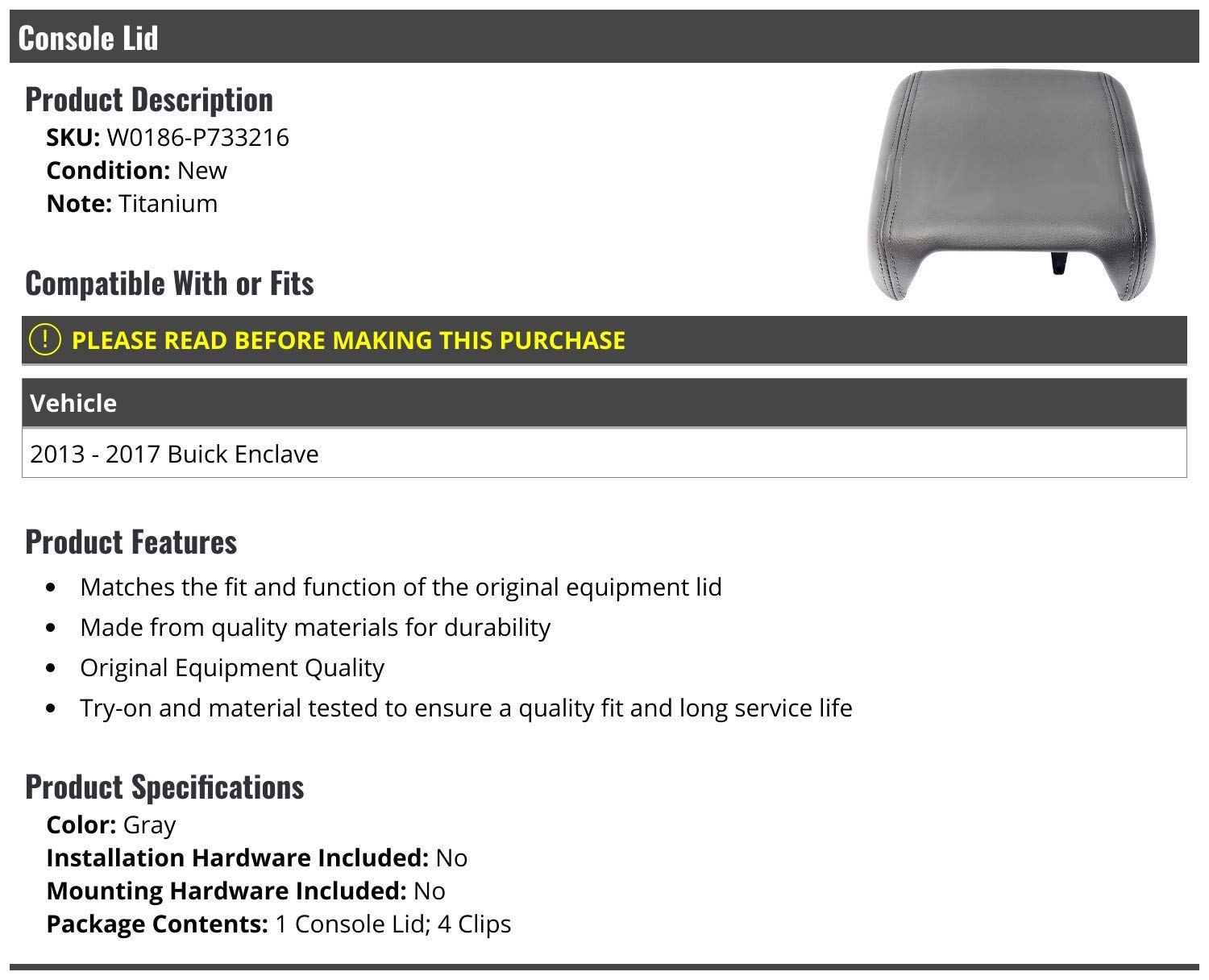 2013-2017 Buick Enclave Replacement Console Lid - Premium Center Armrest Cover for Comfort & Style - Perfect for Road Trips & Daily Commutes