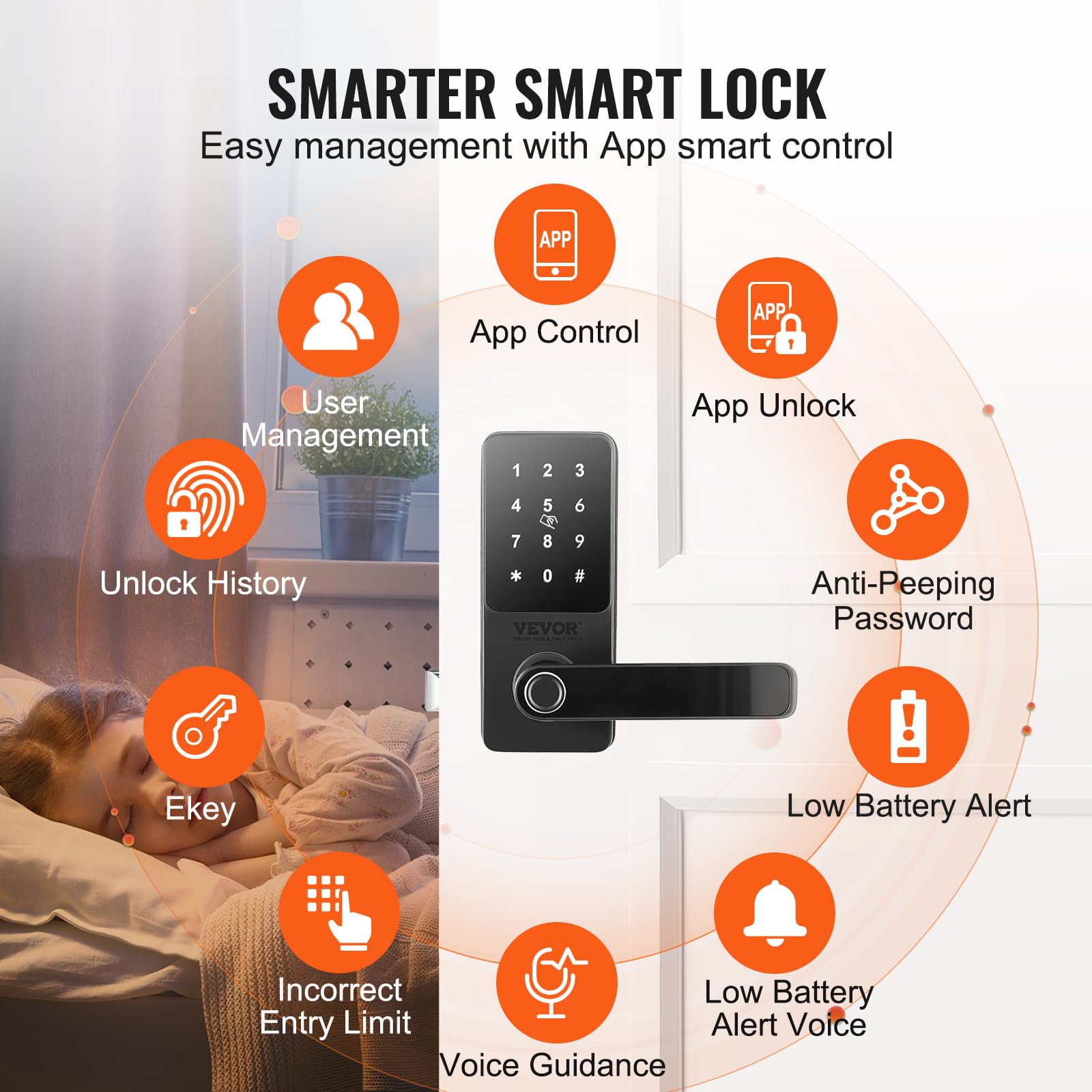 VEVOR 5-in-1 Smart Door Lock - Fingerprint, Keypad, Bluetooth & App Control Keyless Entry Deadbolt - Biometric Digital Door Handle for Home Security (Ideal for Front Doors, Apartments & Smart Homes)