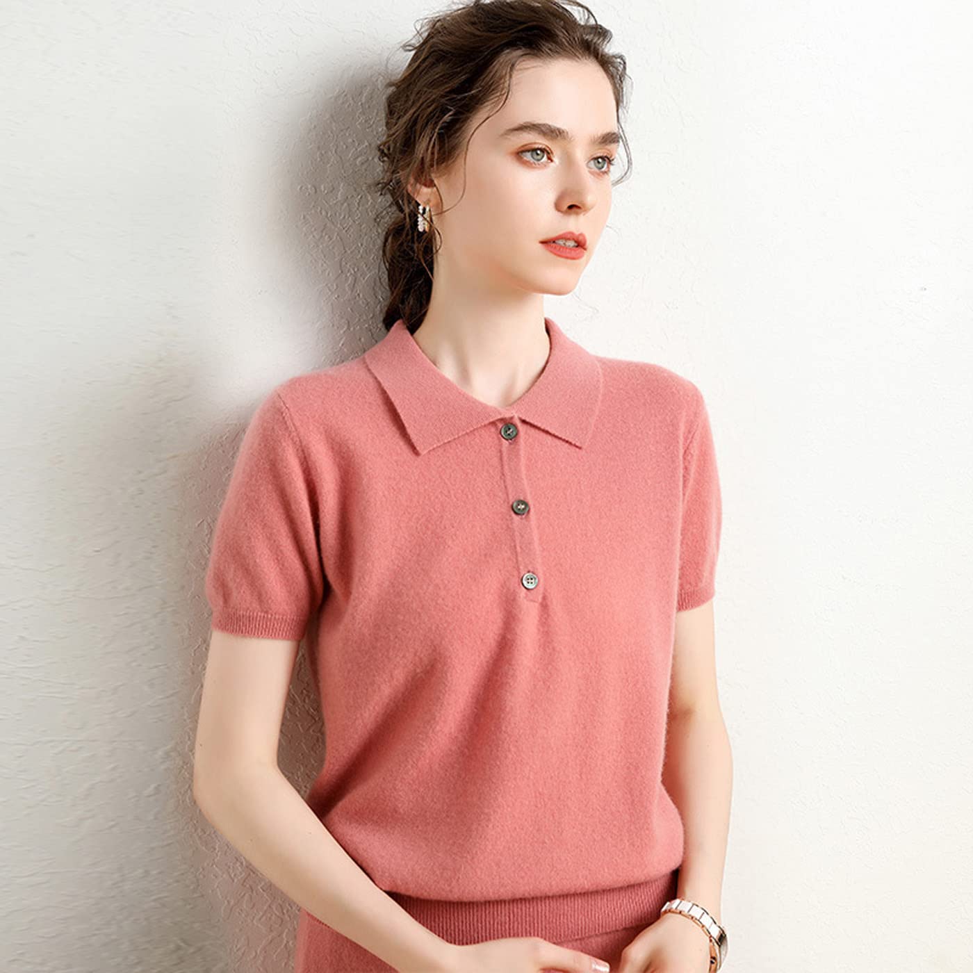 100% Pure Cashmere Women's Short Sleeve Polo Sweater - Soft & Luxurious Essential Pullover (Pink, Medium) | Perfect for Office Wear, Casual Outings & Special Occasions