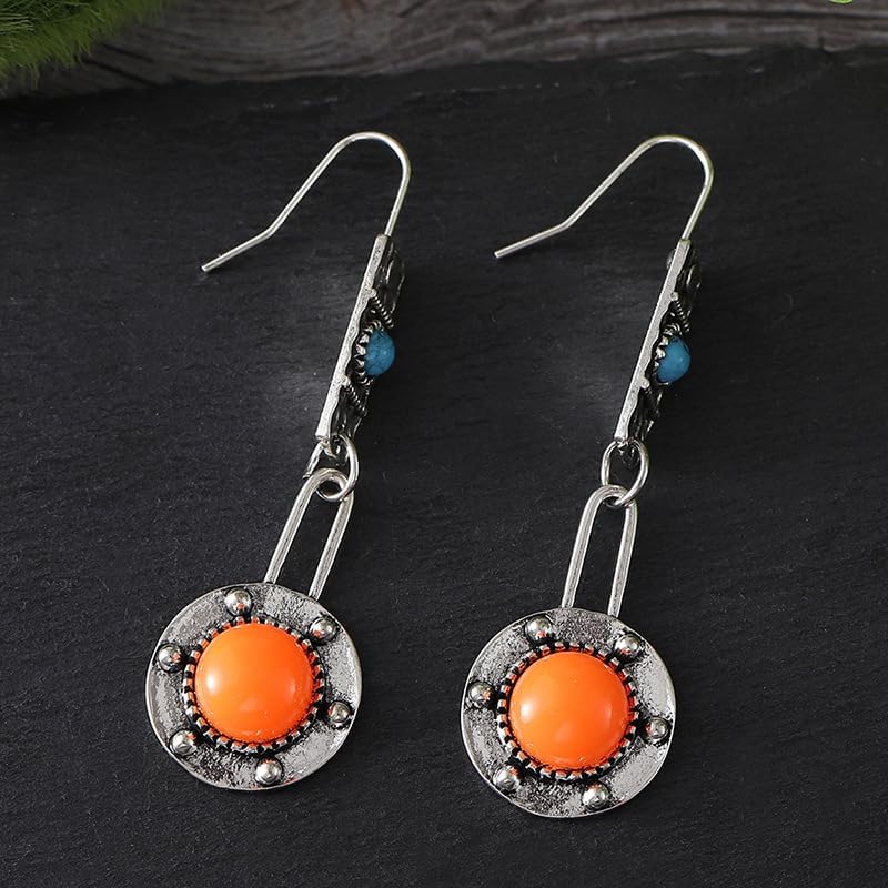 Boho Silver Ethnic Hammered Turquoise Stone Dangle Earrings for Women - Handmade Bohemian Jewelry Gift, Geometric Earrings for Casual & Festival Wear
