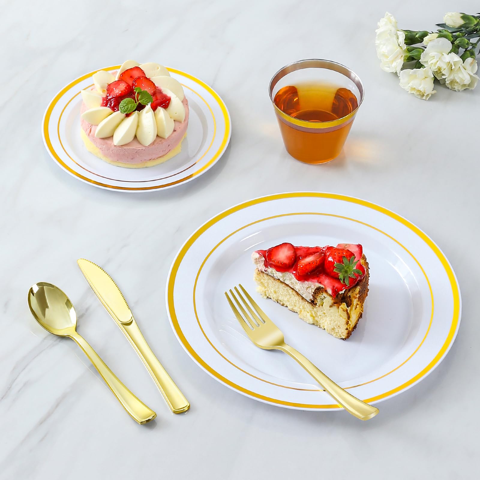 600-Piece Gold Plastic Dinnerware Set for 100 Guests - Disposable Plates, Forks, Knives, Spoons & Cups for Parties, Weddings, Birthdays - Elegant & Convenient for Large Gatherings & Events