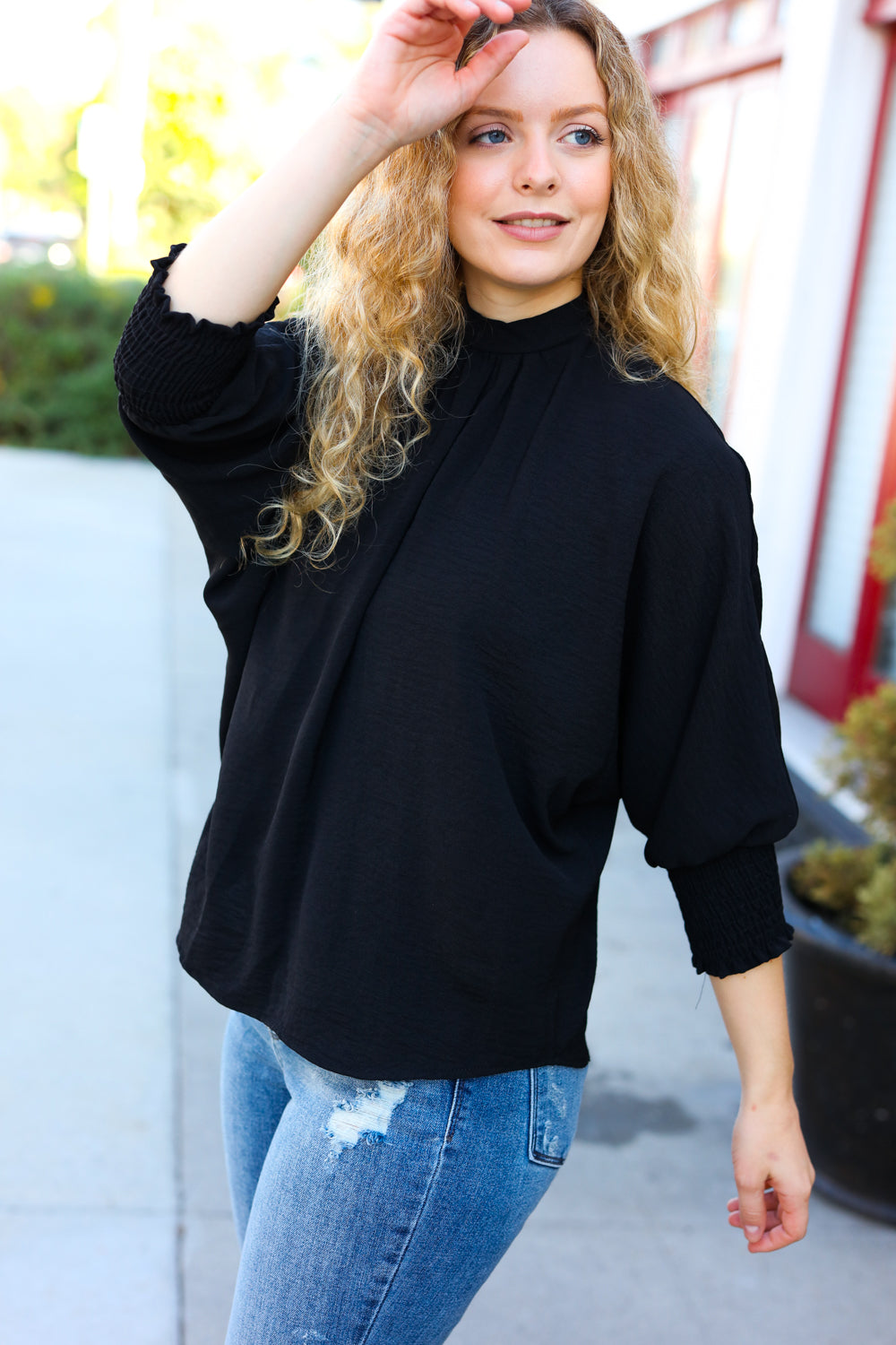Black Smocked Three-Quarter Sleeve Tie Back Top for Women | Elegant Blouse for Date Night, Brunch & Summer Outfits | Flattering Casual & Dressy Tops