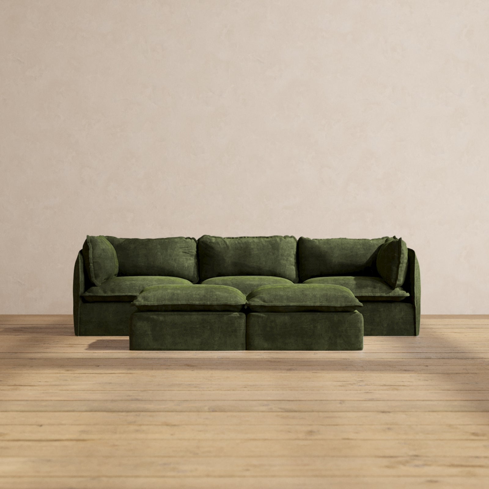 Premium Modular Performance 3-Seater Sofa with Ottoman Bench in Olive Green | Luxe Fabric Blend | Perfect for Living Rooms, Home Theaters & Cozy Spaces