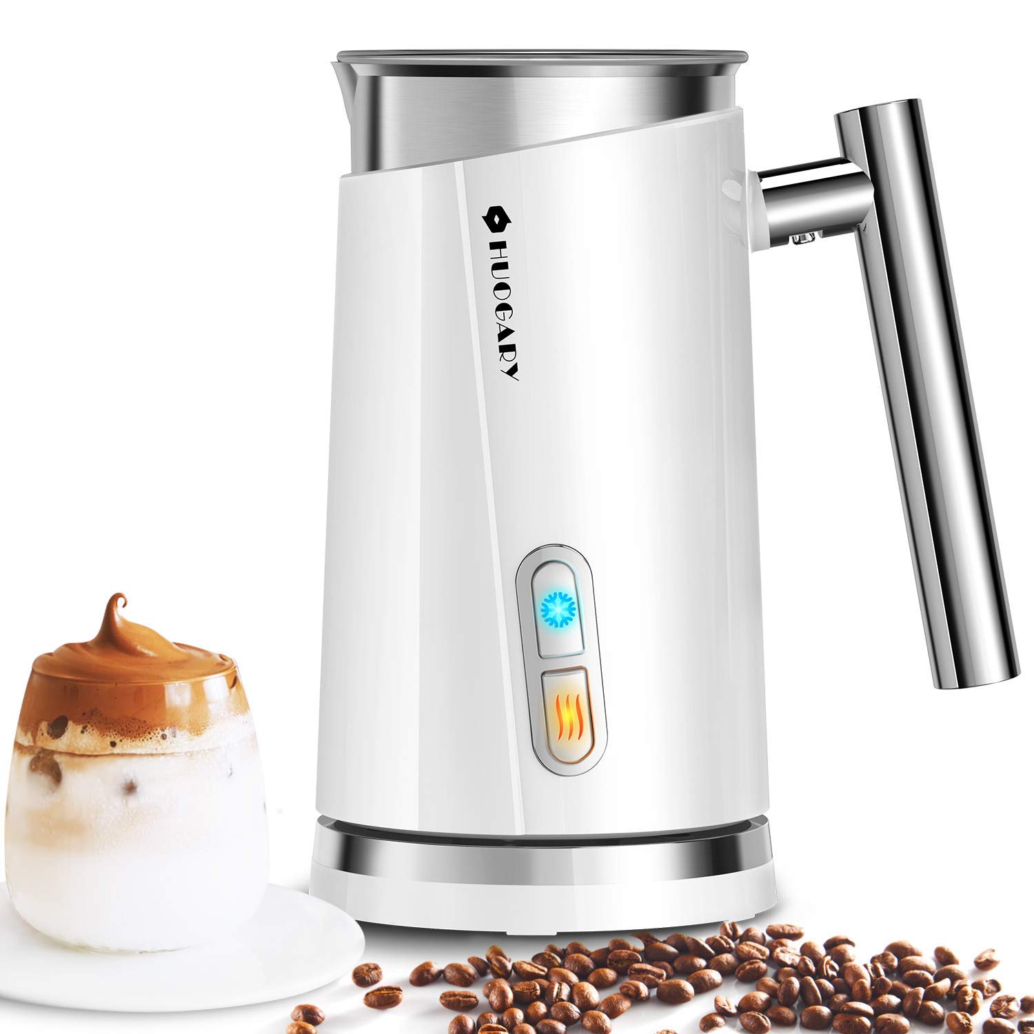 Huogary Electric Milk Frother and Warmer - 4.5oz/10.5oz Capacity for Perfect Milk Foam & Hot Milk - 120V White Handheld Frother for Lattes, Cappuccinos, Hot Chocolate - Ideal for Coffee Shops, Home Baristas & Office Use