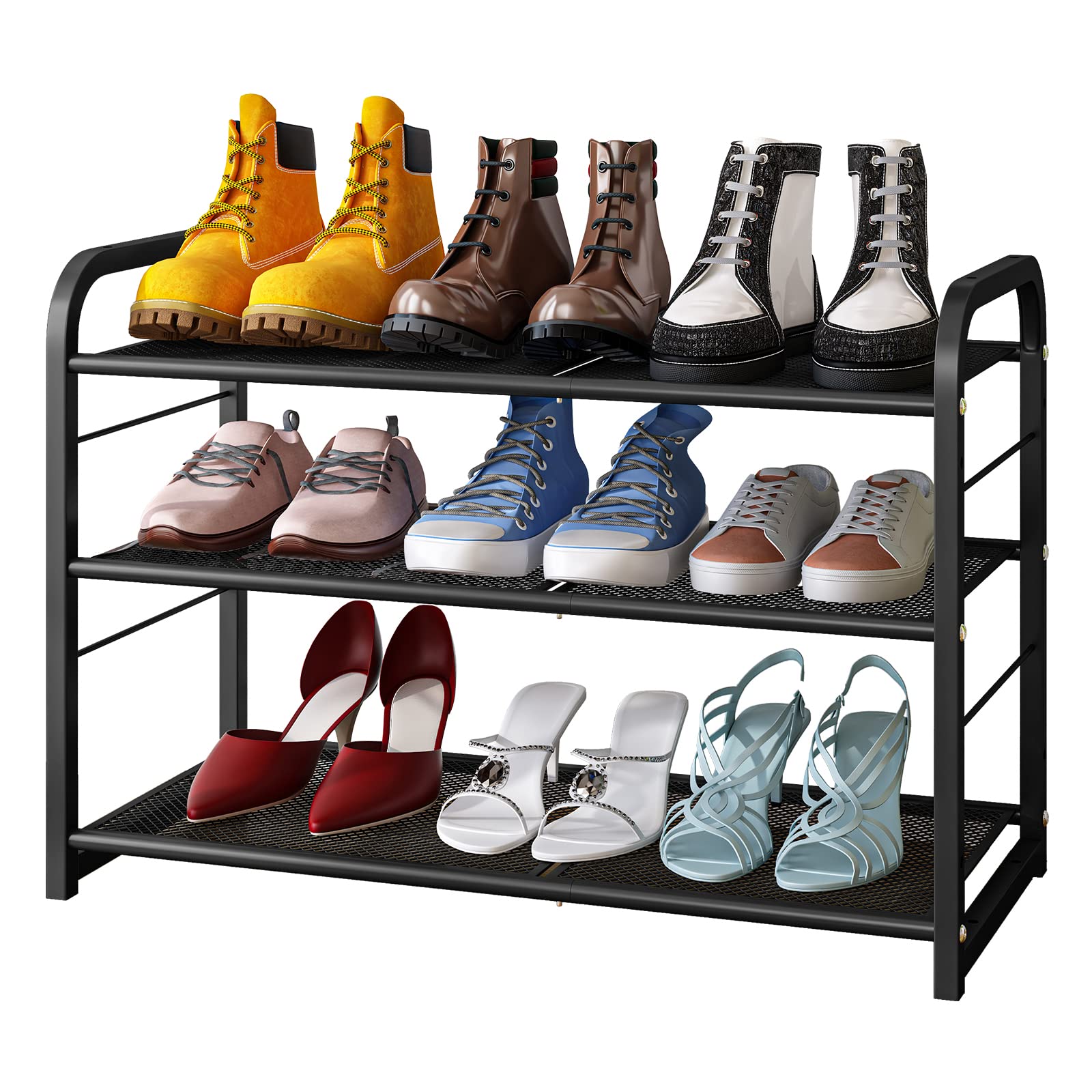LEGUANG 3-Tier Stackable Shoe Rack Organizer - Expandable Adjustable Metal Mesh Shoe Storage for Closet Entryway Hallway - Perfect for Small Spaces Bedroom Dorm Apartment (Black)